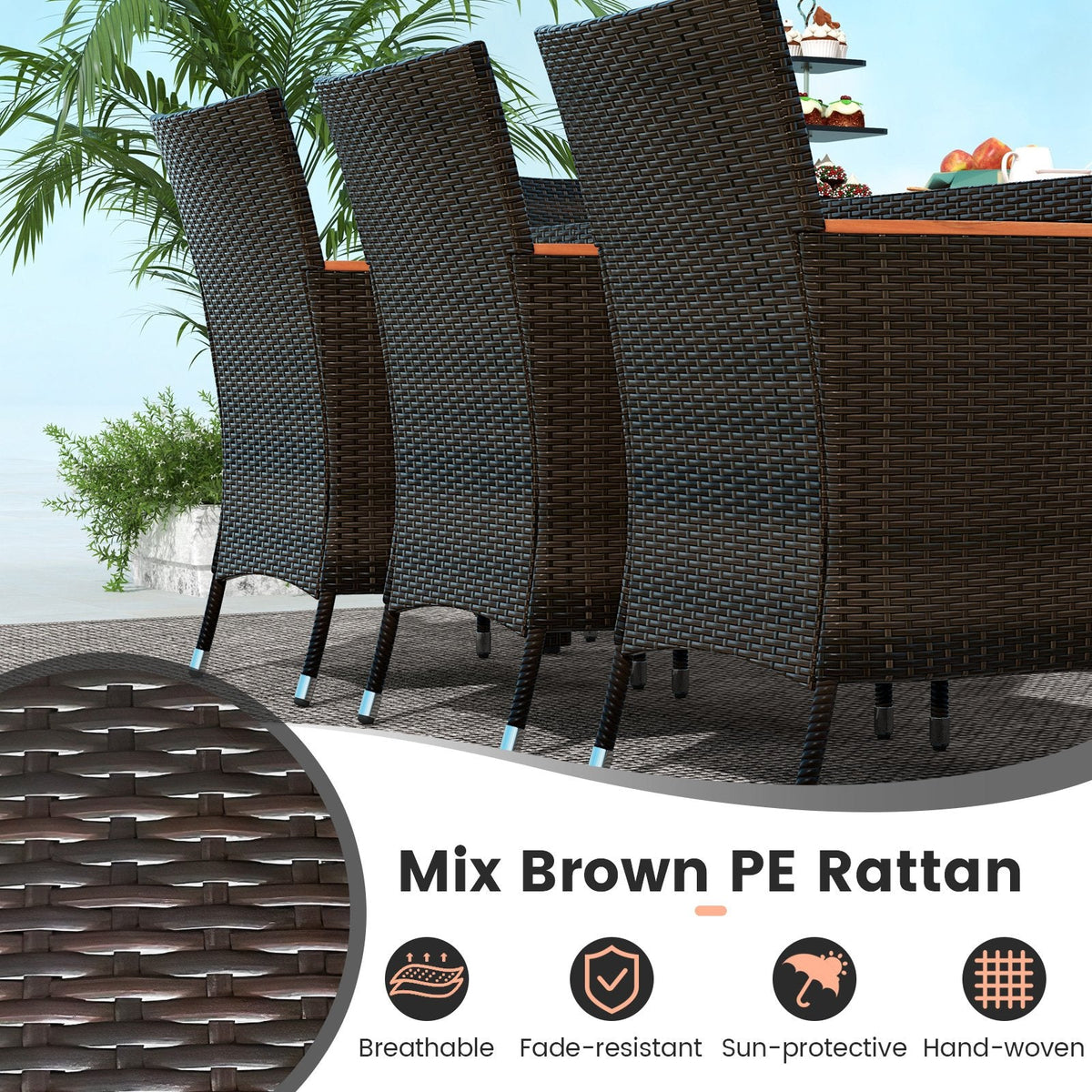 11 Piece Patio Dining Set with 15 FT Double-Sided Lit Umbrella and Base, 75 Inch Acacia Table and 8 Rattan Armchairs, Turquoise Canopy