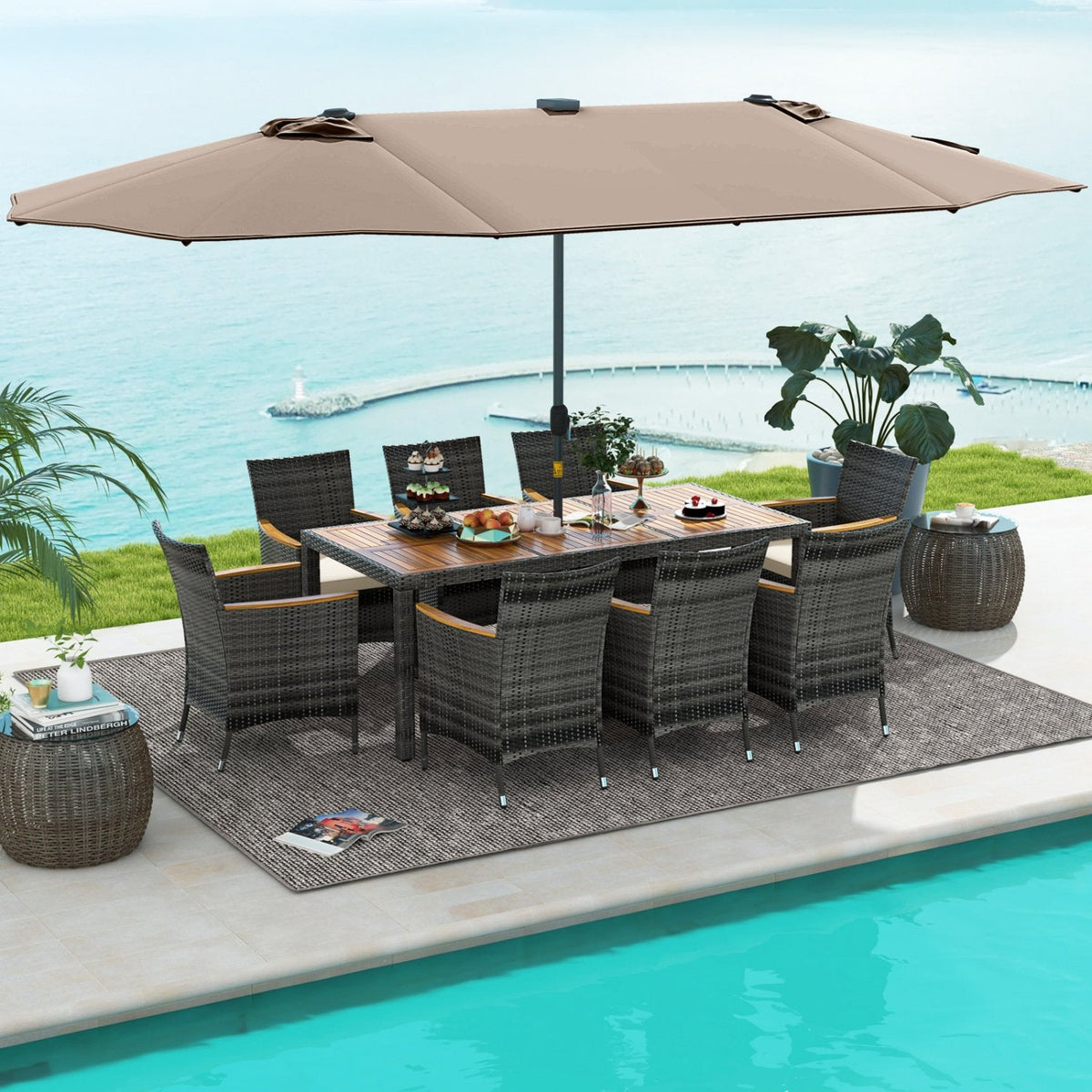 11 Piece Patio Dining Set with Lit 15 FT Double-Sided Tan Umbrella and Weighted Base, 75 Inch Acacia Table and 8 Armchairs