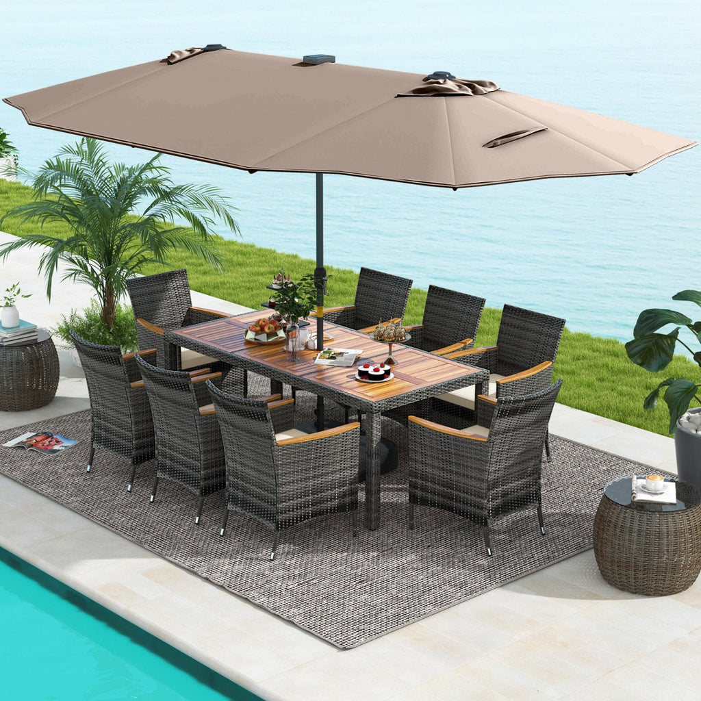 11 Piece Patio Dining Set with Lit 15 FT Double-Sided Tan Umbrella and Weighted Base, 75 Inch Acacia Table and 8 Armchairs