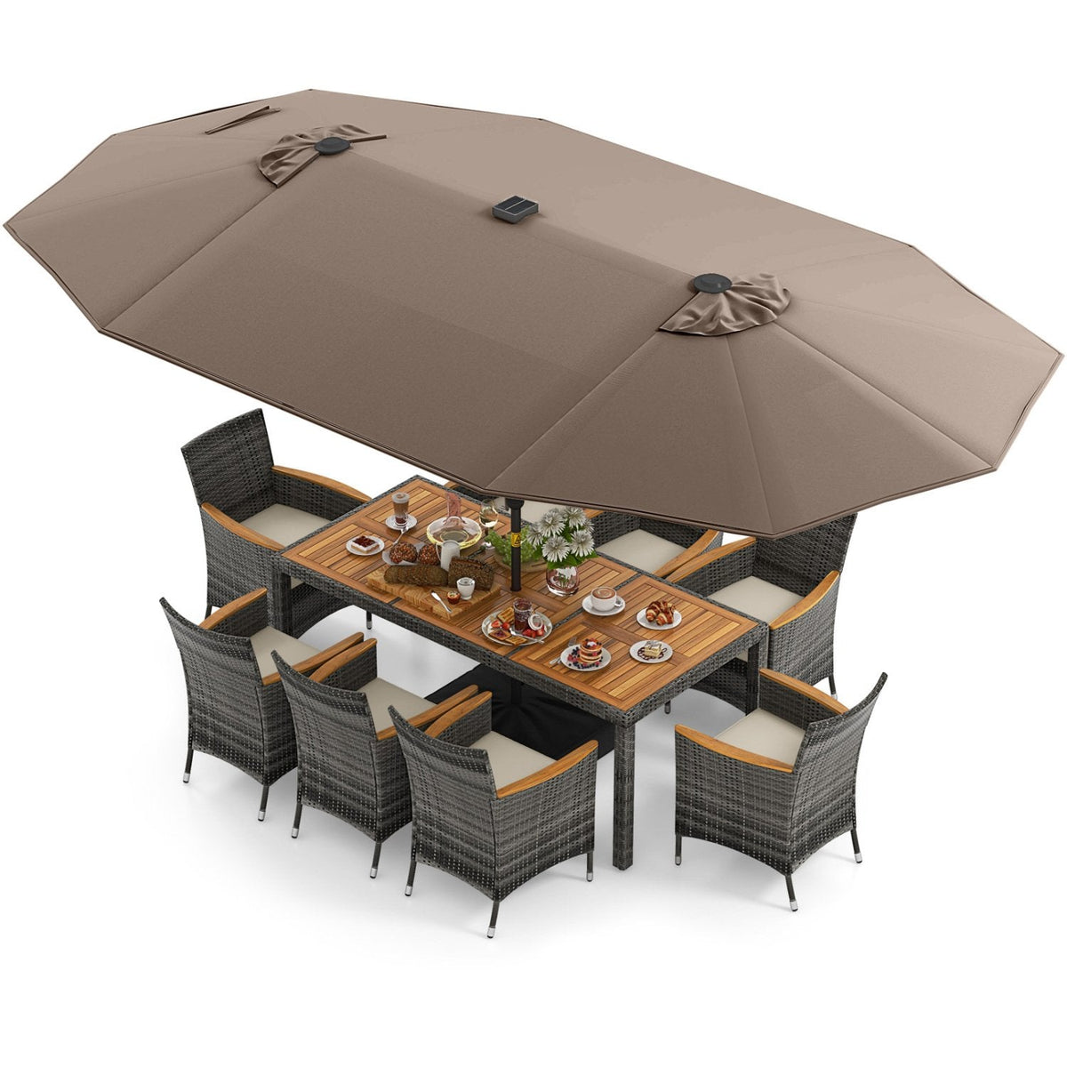 11 Piece Patio Dining Set with Lit 15 FT Double-Sided Tan Umbrella and Weighted Base, 75 Inch Acacia Table and 8 Armchairs