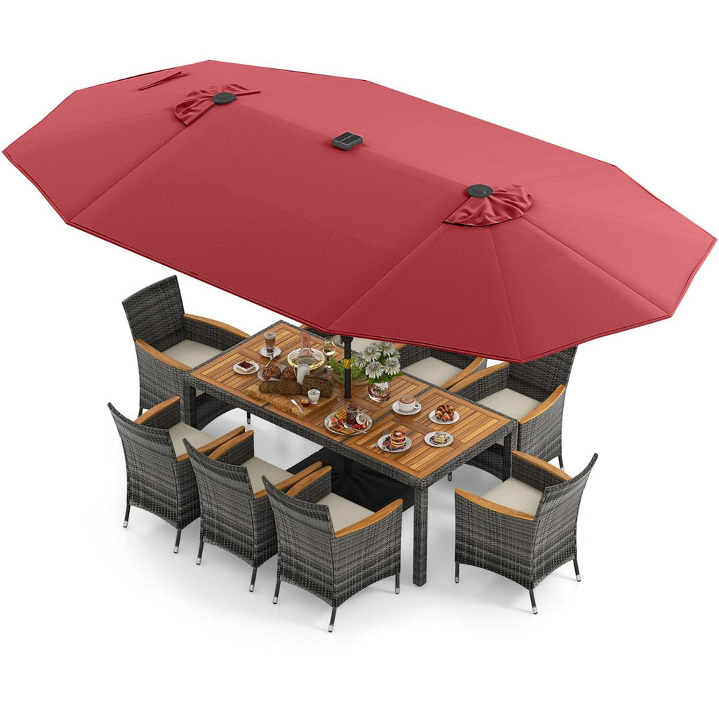 11 Piece Patio Dining Set for 8 with Lit 15 FT Double-Sided Wine Umbrella, 75 Inch Acacia Table and 8 Grey Wicker Armchairs