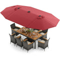 11 Piece Patio Dining Set for 8 with Lit 15 FT Double-Sided Wine Umbrella, 75 Inch Acacia Table and 8 Grey Wicker Armchairs