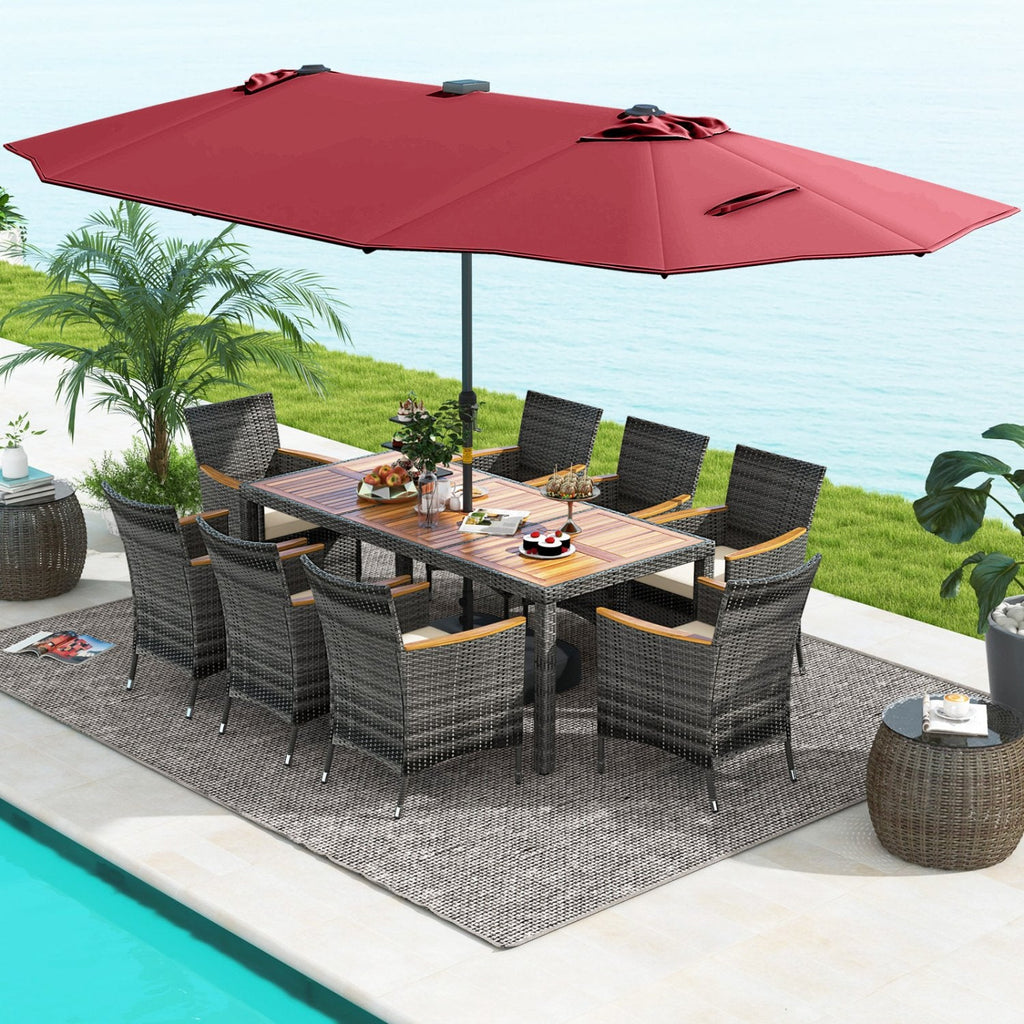 11 Piece Patio Dining Set for 8 with Lit 15 FT Double-Sided Wine Umbrella, 75 Inch Acacia Table and 8 Grey Wicker Armchairs