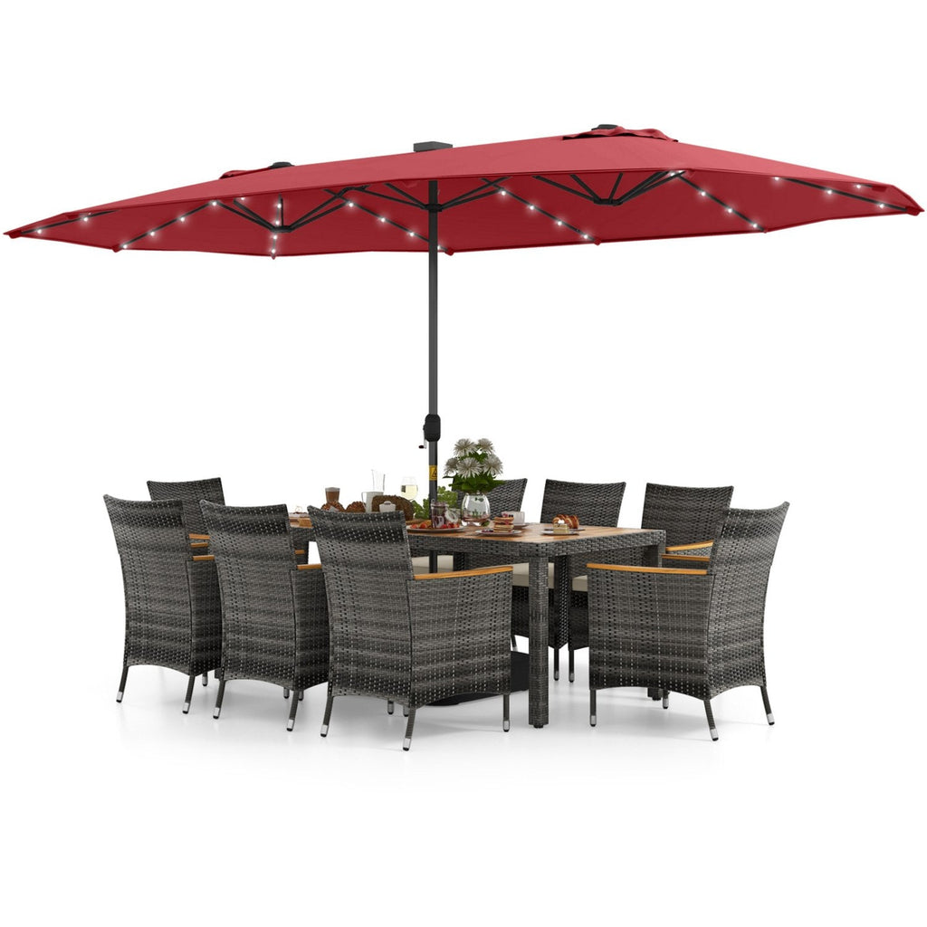 11 Piece Patio Dining Set for 8 with Lit 15 FT Double-Sided Wine Umbrella, 75 Inch Acacia Table and 8 Grey Wicker Armchairs