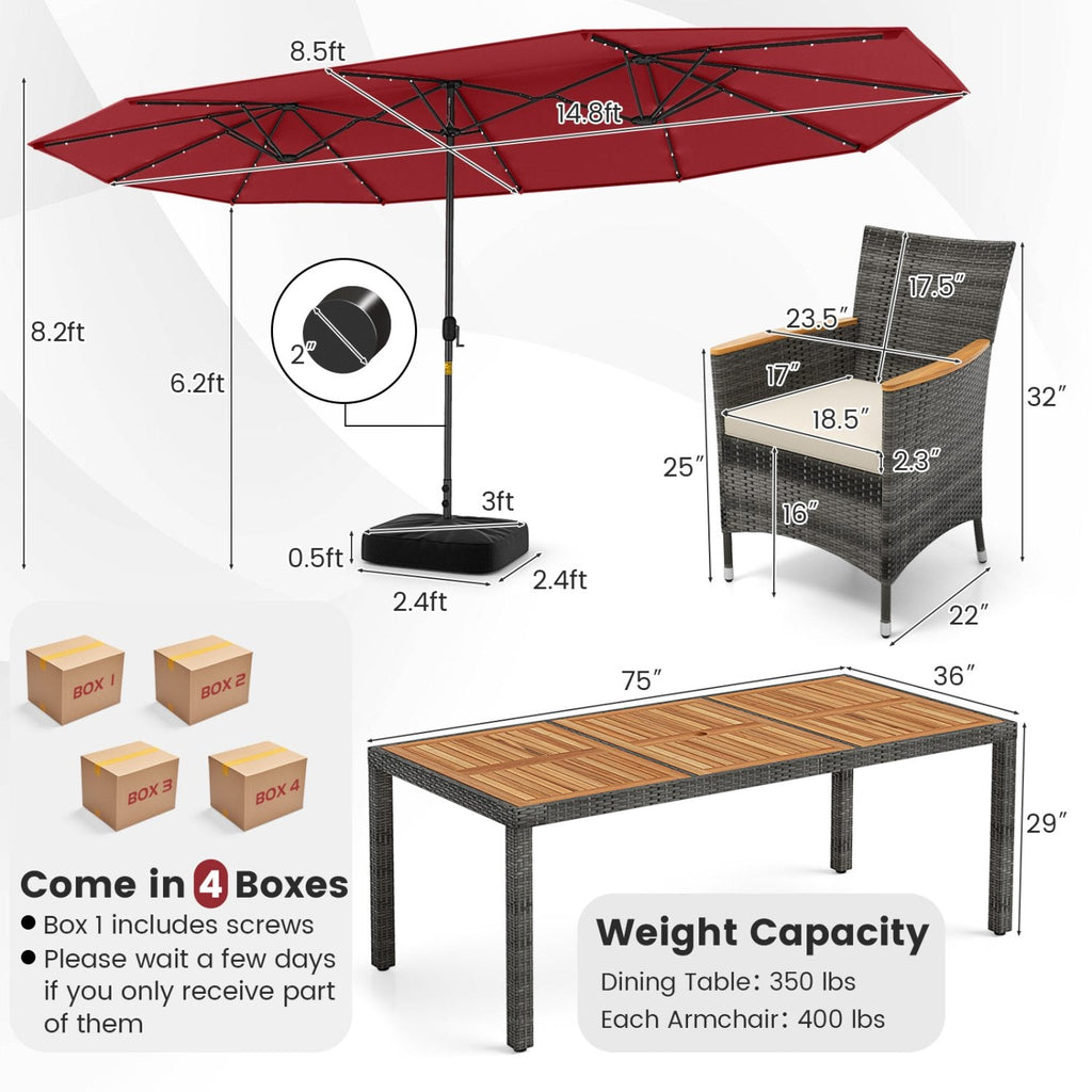 11 Piece Patio Dining Set for 8 with Lit 15 FT Double-Sided Wine Umbrella, 75 Inch Acacia Table and 8 Grey Wicker Armchairs