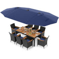 11 Piece Patio Dining Set with 14.8 FT Double-Sided Solar LED Umbrella, 8 Stackable Rattan Chairs, Acacia Table and Base, Navy Canopy