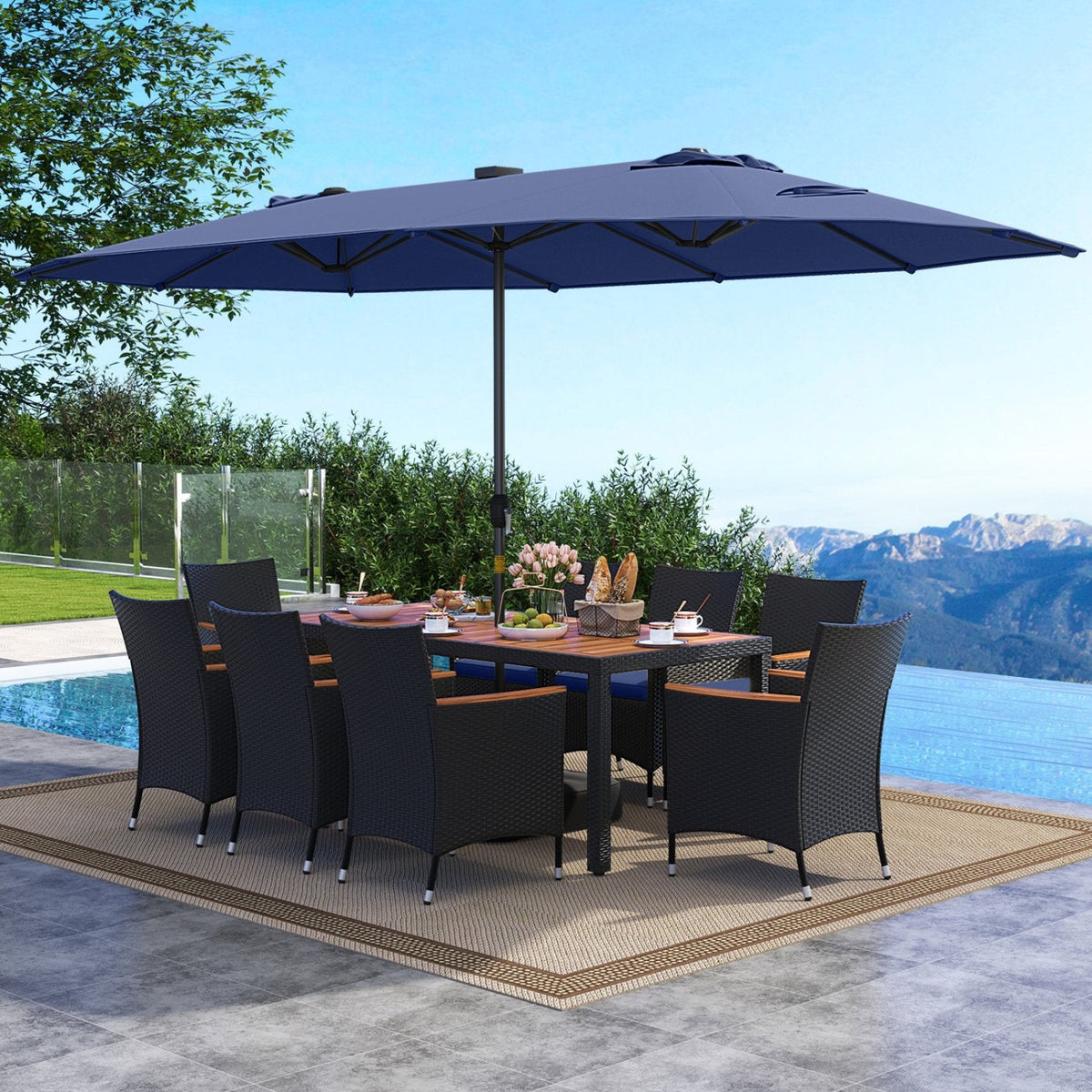 11 Piece Patio Dining Set with 14.8 FT Double-Sided Solar LED Umbrella, 8 Stackable Rattan Chairs, Acacia Table and Base, Navy Canopy