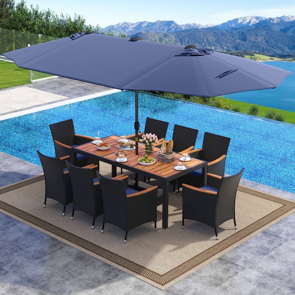 11 Piece Patio Dining Set with 14.8 FT Double-Sided Solar LED Umbrella, 8 Stackable Rattan Chairs, Acacia Table and Base, Navy Canopy
