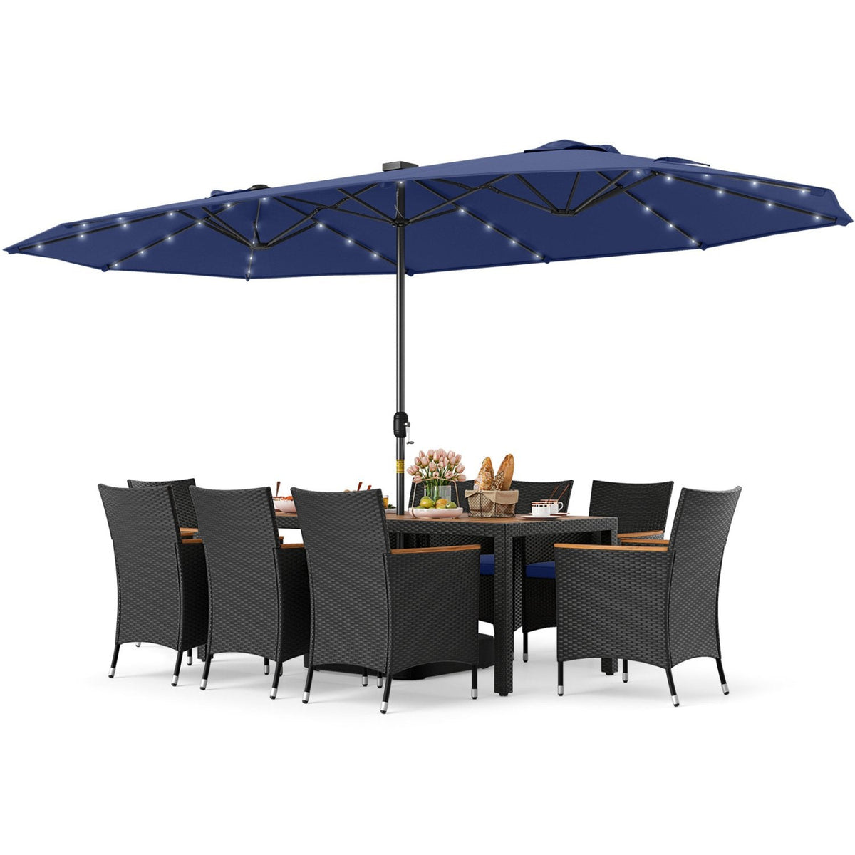 11 Piece Patio Dining Set with 14.8 FT Double-Sided Solar LED Umbrella, 8 Stackable Rattan Chairs, Acacia Table and Base, Navy Canopy