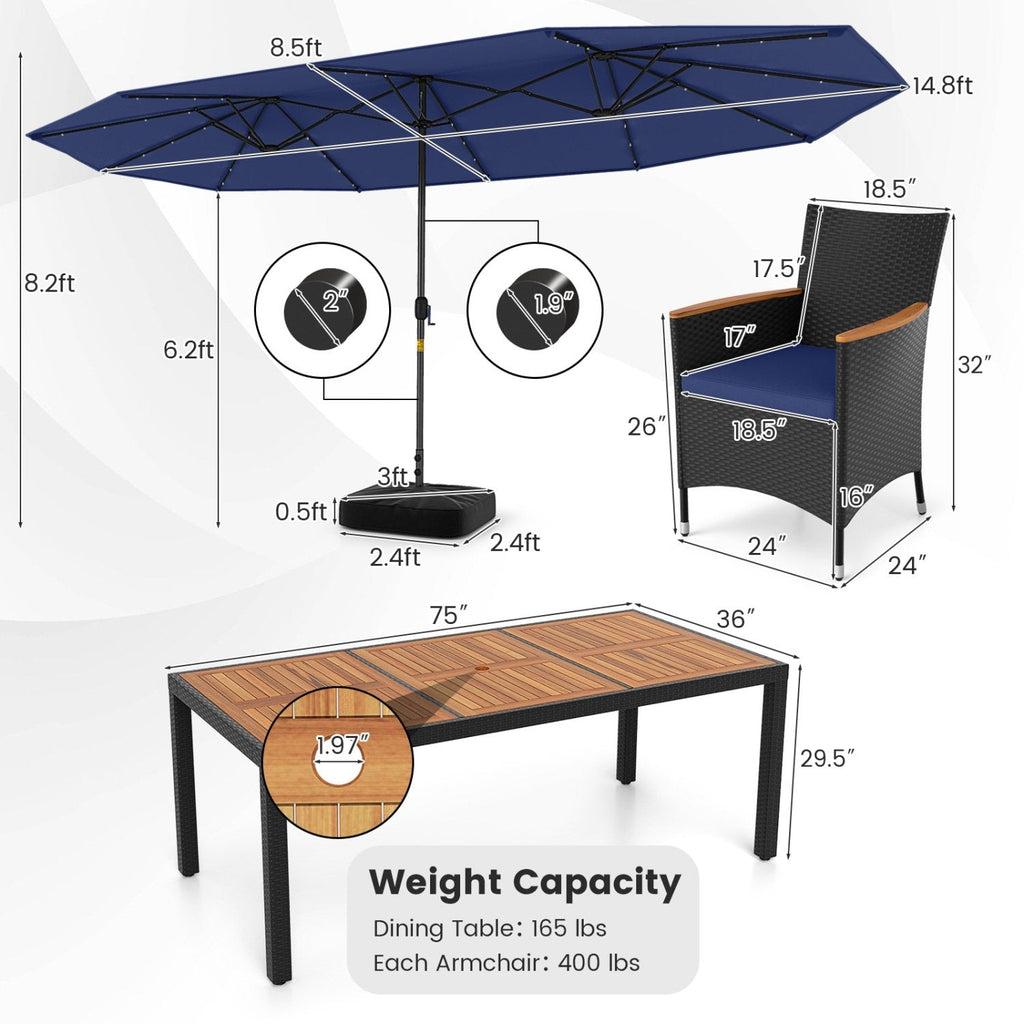 11 Piece Patio Dining Set with 14.8 FT Double-Sided Solar LED Umbrella, 8 Stackable Rattan Chairs, Acacia Table and Base, Navy Canopy