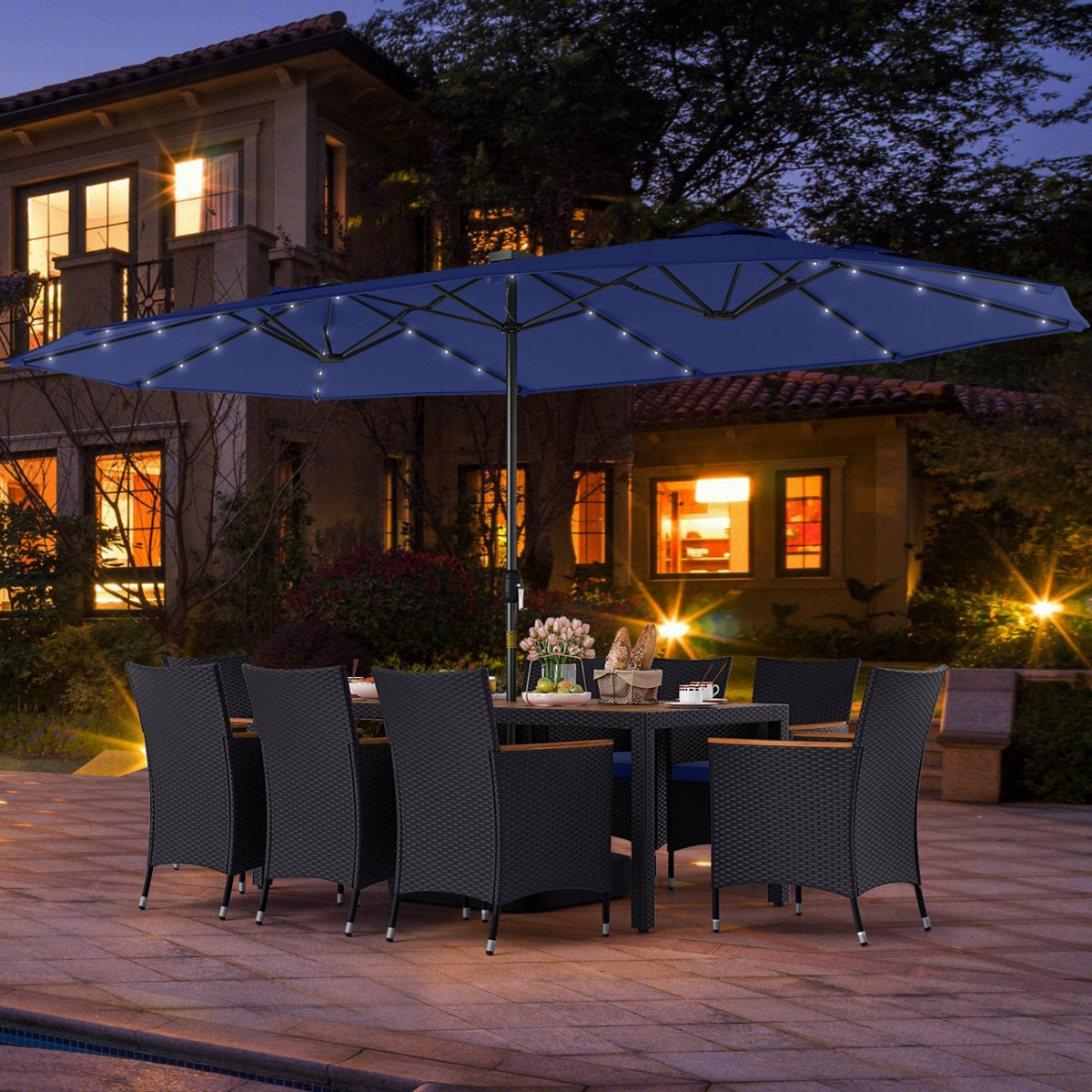 11 Piece Patio Dining Set with 14.8 FT Double-Sided Solar LED Umbrella, 8 Stackable Rattan Chairs, Acacia Table and Base, Navy Canopy