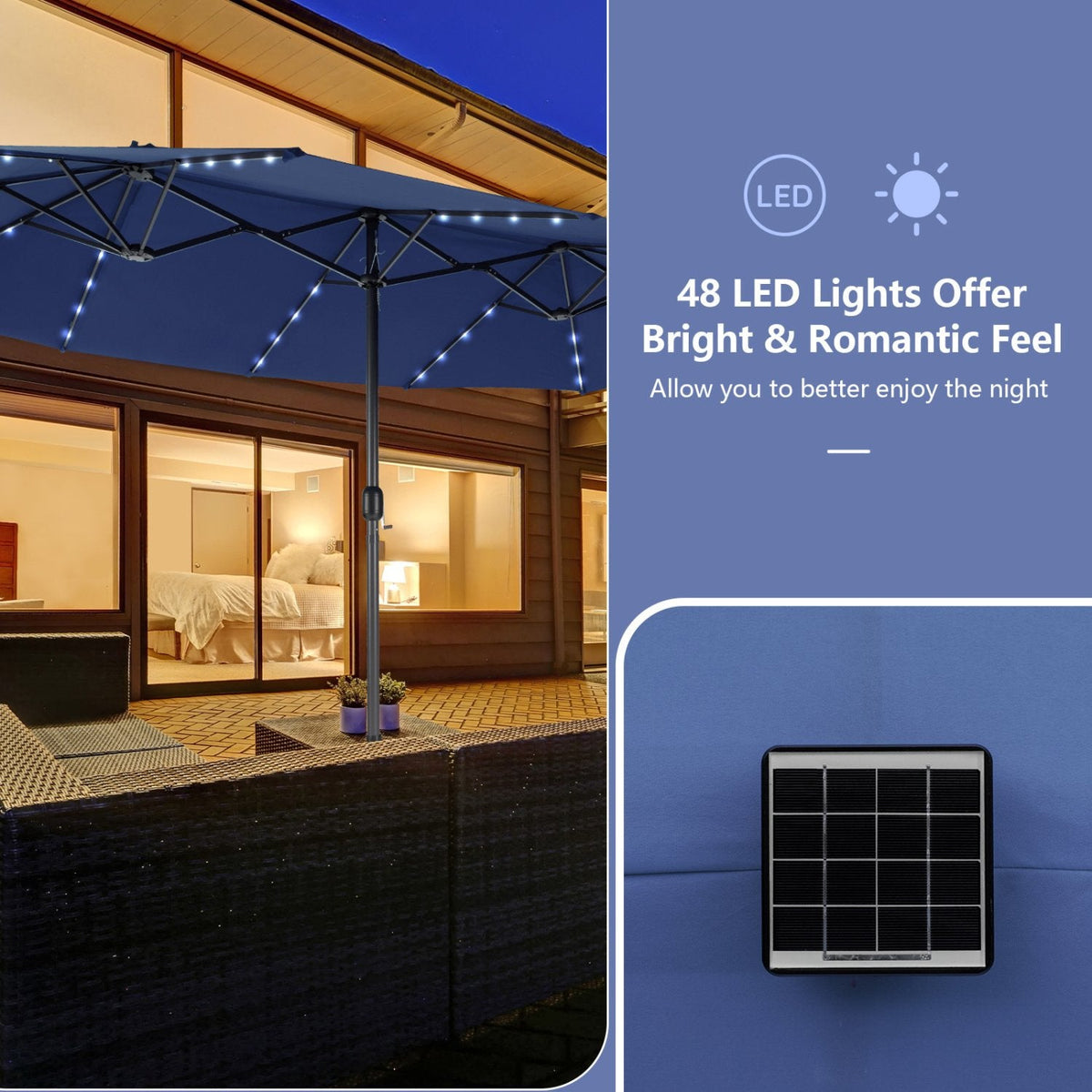 11 Piece Patio Dining Set with 14.8 FT Double-Sided Solar LED Umbrella, 8 Stackable Rattan Chairs, Acacia Table and Base, Navy Canopy