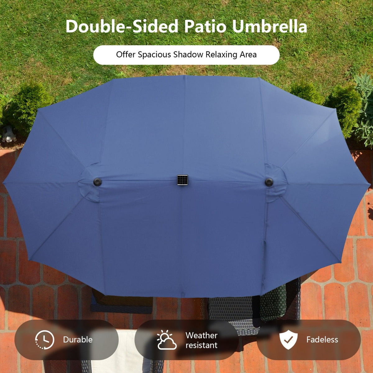 11 Piece Patio Dining Set with 14.8 FT Double-Sided Solar LED Umbrella, 8 Stackable Rattan Chairs, Acacia Table and Base, Navy Canopy