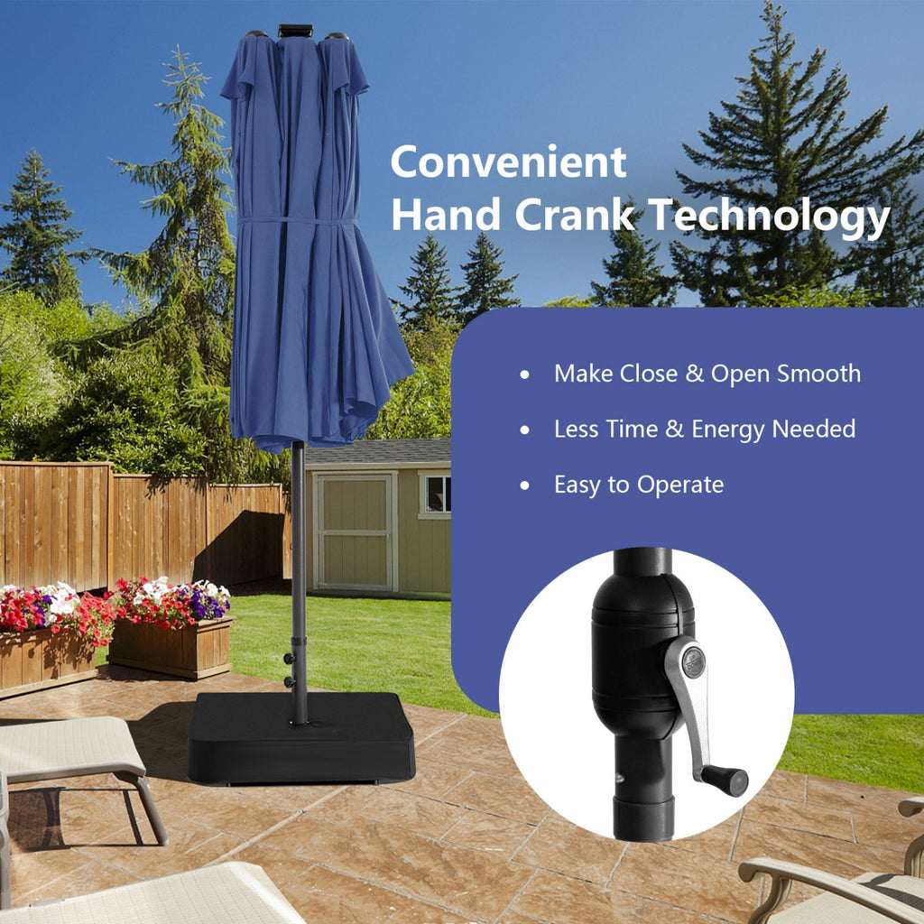 11 Piece Patio Dining Set with 14.8 FT Double-Sided Solar LED Umbrella, 8 Stackable Rattan Chairs, Acacia Table and Base, Navy Canopy