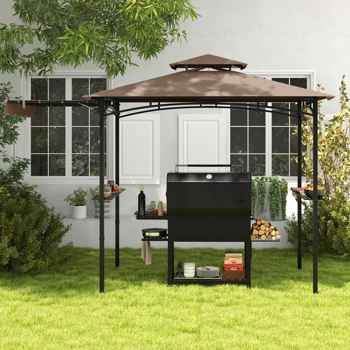 11 x 5 FT Grill Gazebo with Side Awning and Double-Tiered Top-Brown
