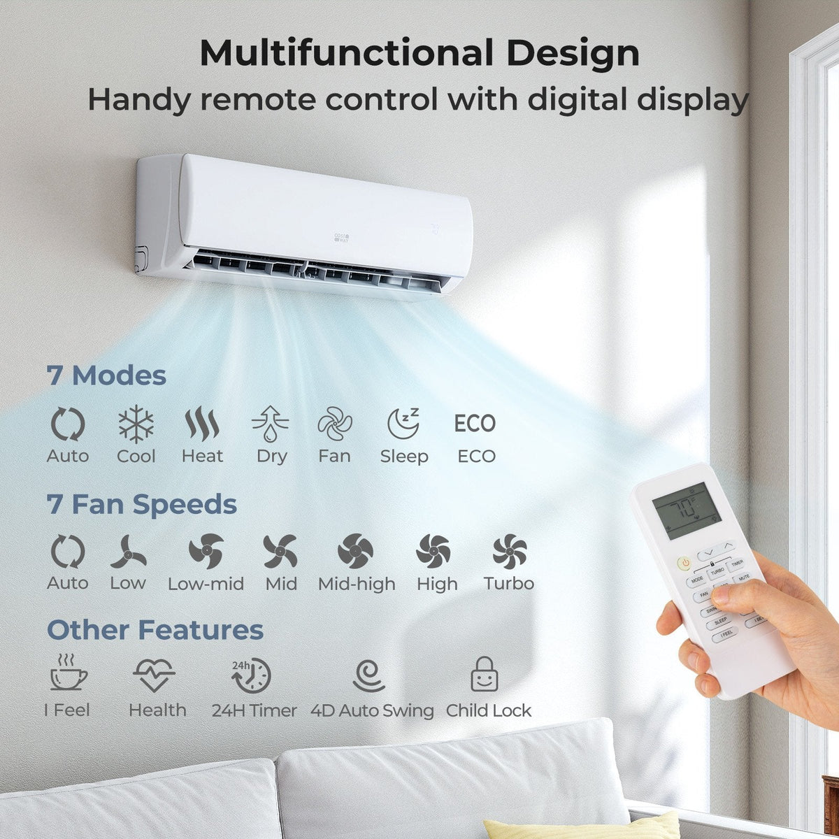 EchoCool Series 11500 BTU 208/230V Mini Split Air Conditioner and Heater Pump System