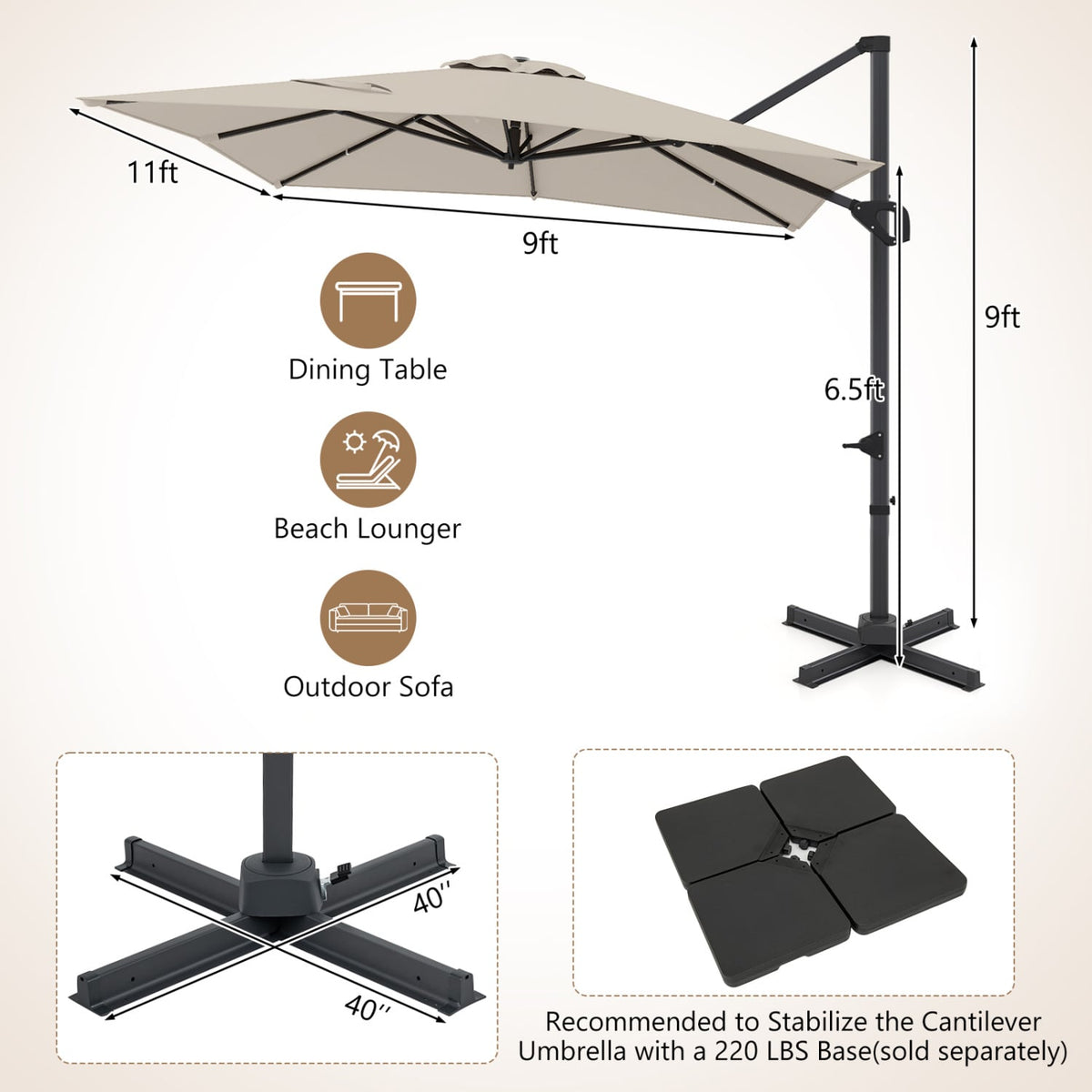 11 x 9 FT Cantilever Patio Umbrella with 360° Rotation and Easy Tilt Adjustment-Beige