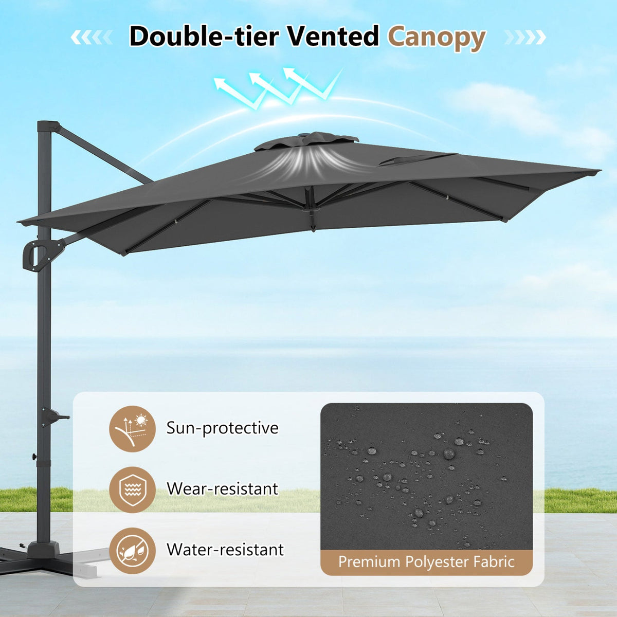 11 x 9 FT Cantilever Patio Umbrella with 360° Rotation and Easy Tilt Adjustment-Gray