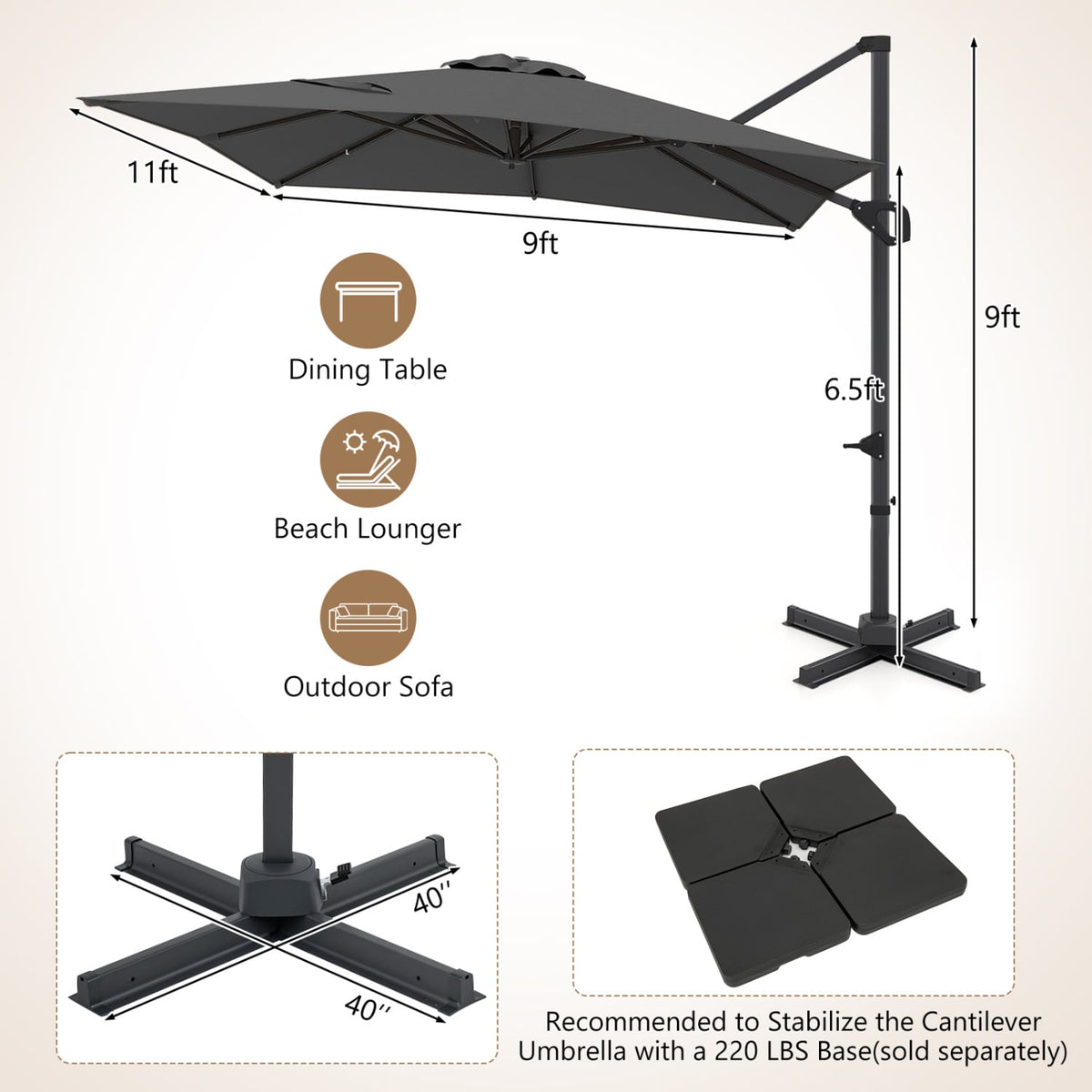 11 x 9 FT Cantilever Patio Umbrella with 360° Rotation and Easy Tilt Adjustment-Gray