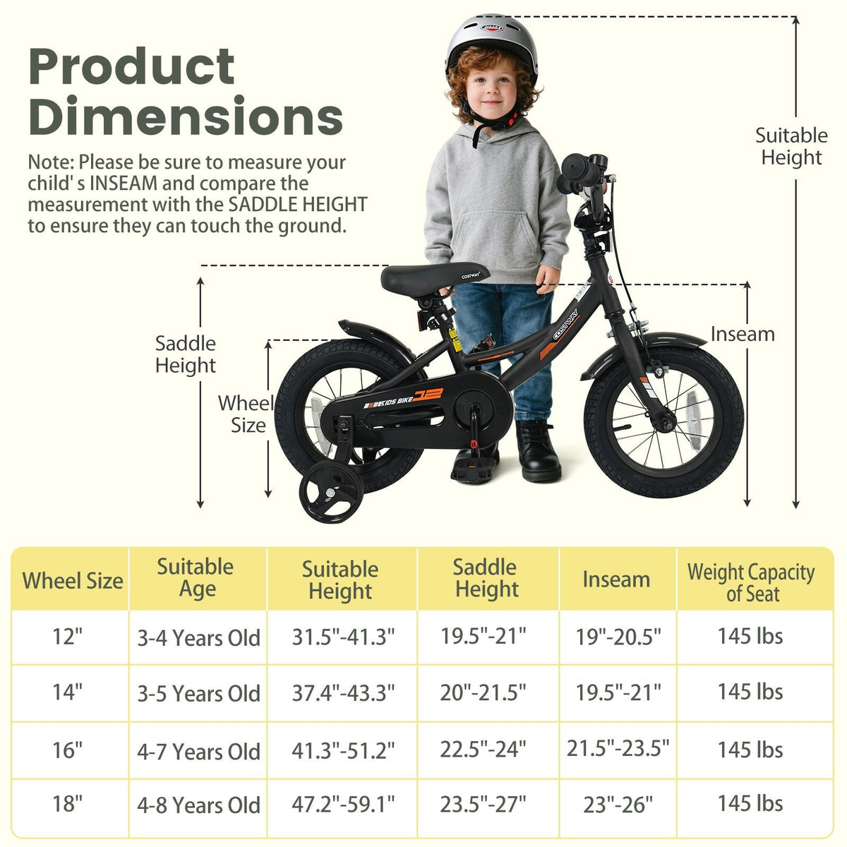 12 Inch Kids Bike with Removable Training Wheels and Adjustable Seat, Black
