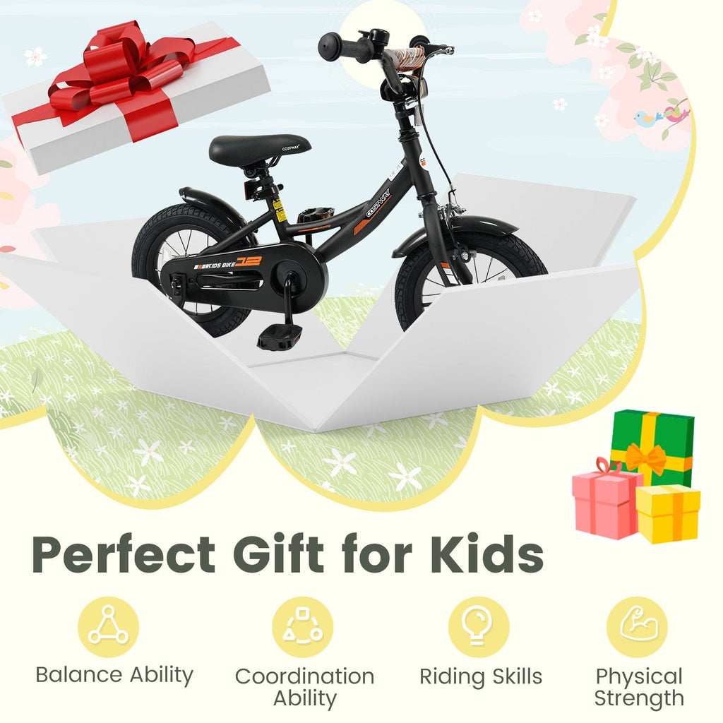 12 Inch Kids Bike with Removable Training Wheels and Adjustable Seat, Black
