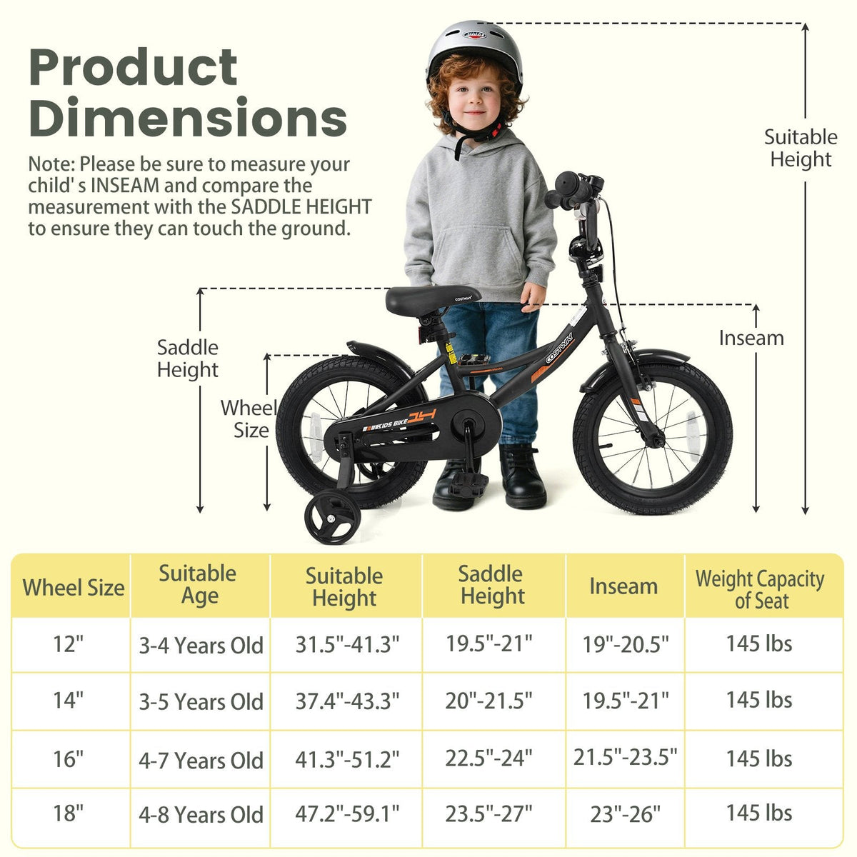 14 Inch Kids Bike with Removable Training Wheels and Adjustable Seat, Black