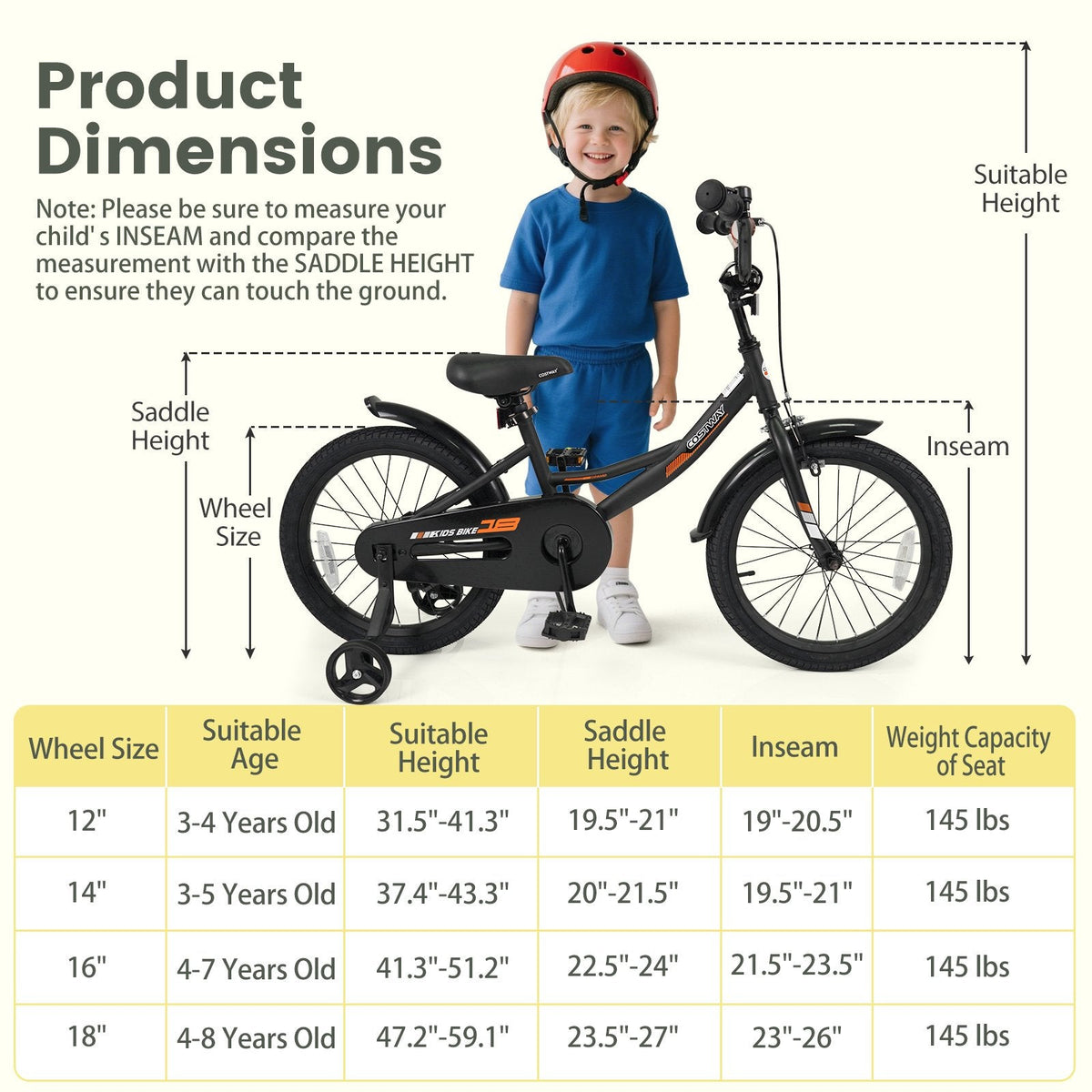 18 Inch Kids Bike with Removable Training Wheels and Adjustable Seat, Black