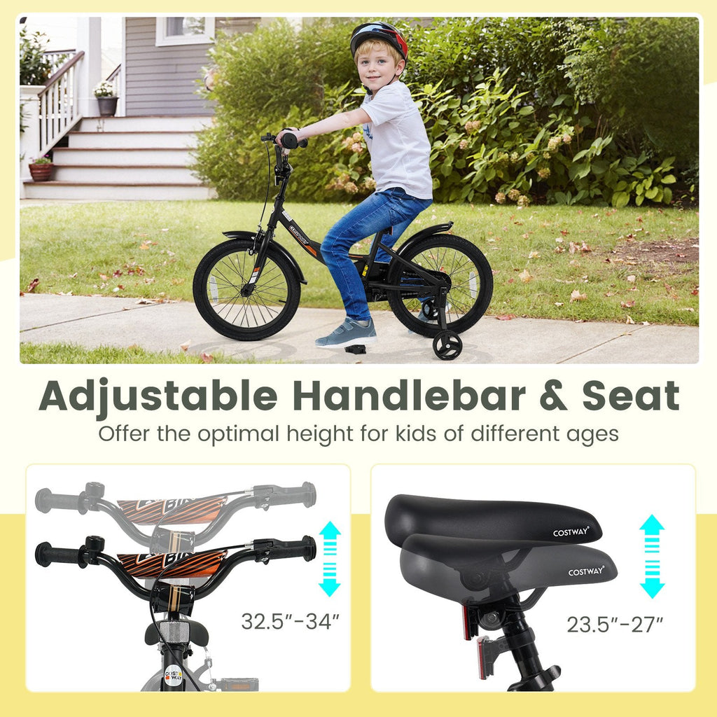 18 Inch Kids Bike with Removable Training Wheels and Adjustable Seat, Black