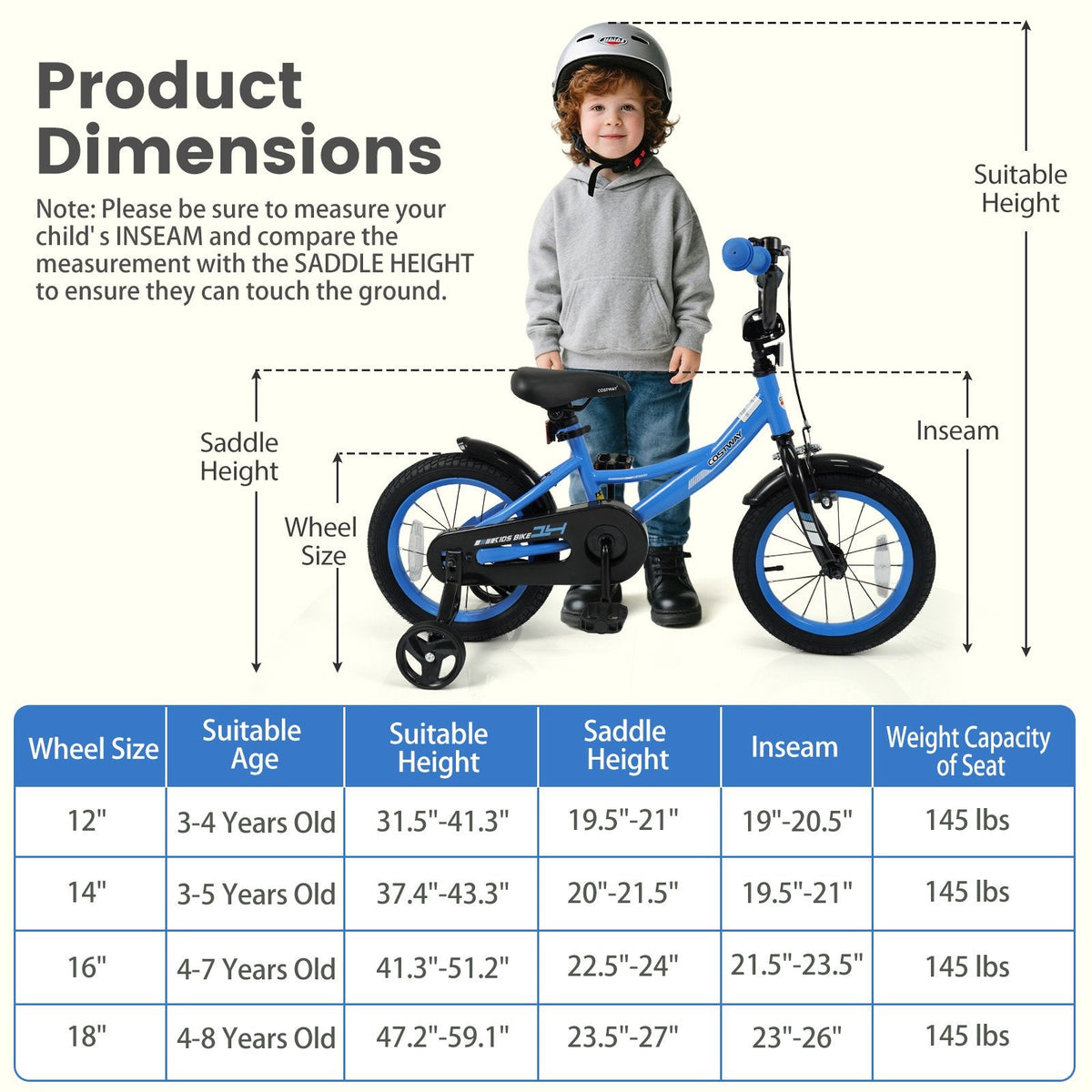 14 Inch Kids Bike with Removable Training Wheels and Adjustable Seat, Blue