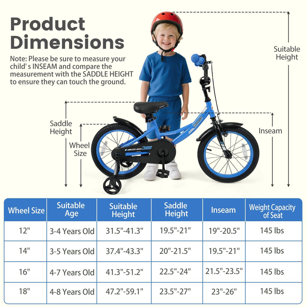16 Inch Kids Bike with Removable Training Wheels and Adjustable Seat, Blue