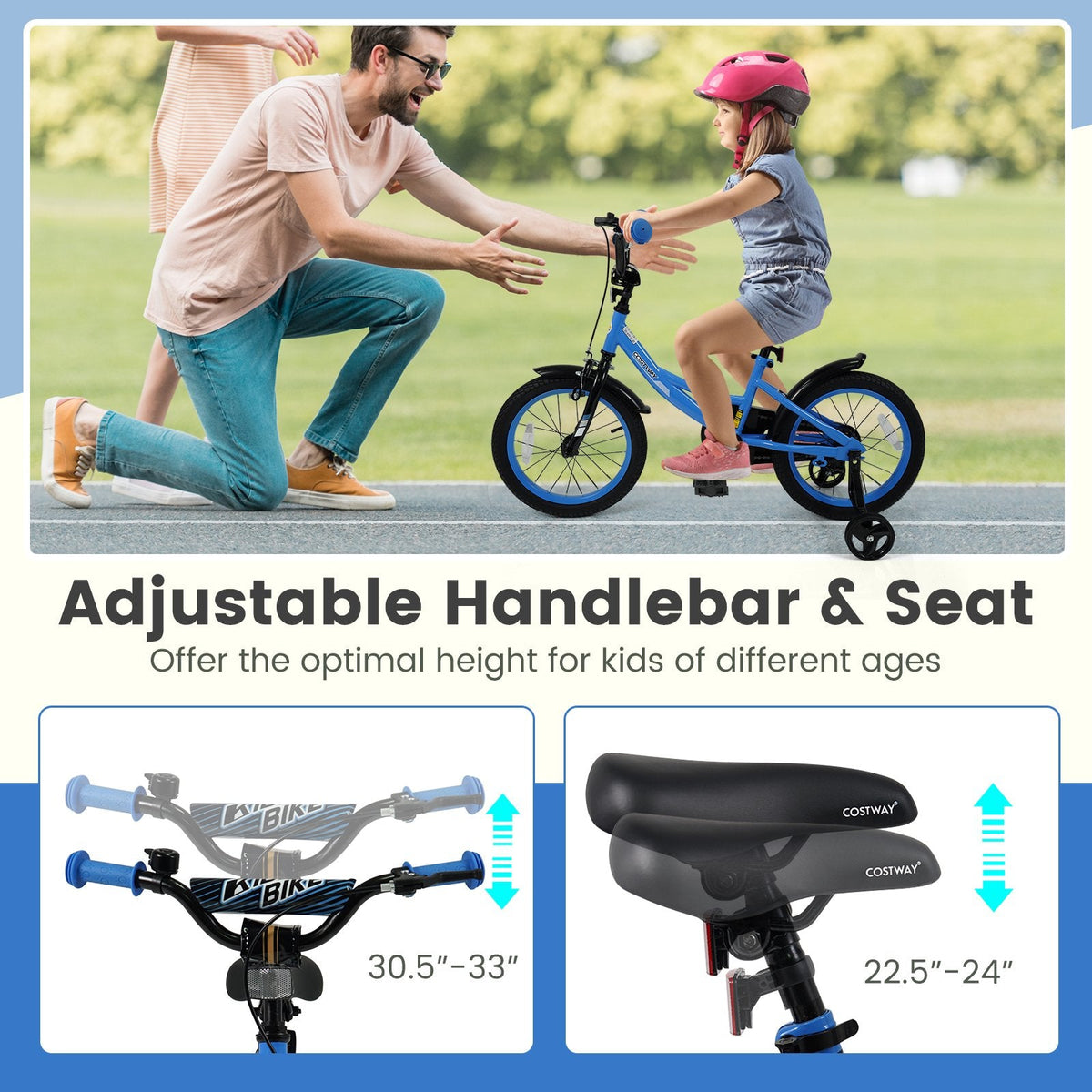 16 Inch Kids Bike with Removable Training Wheels and Adjustable Seat, Blue