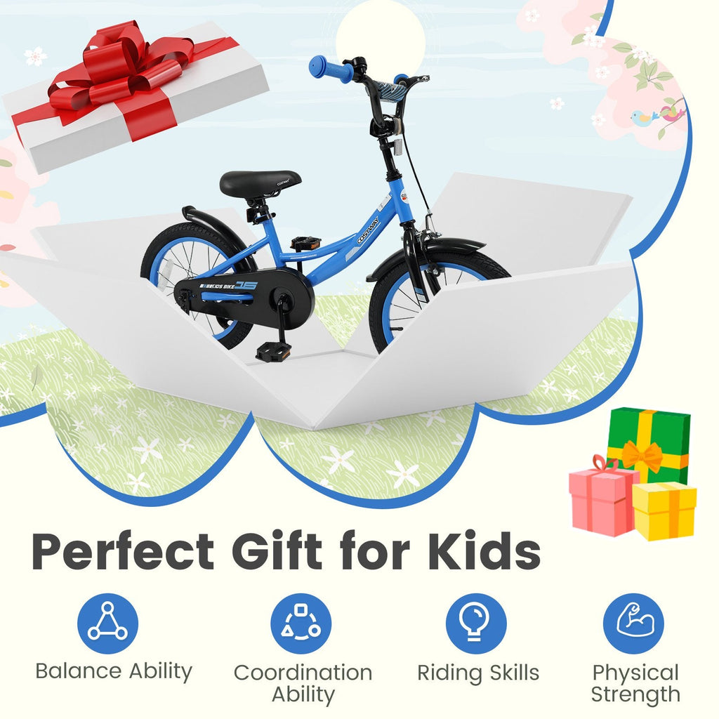16 Inch Kids Bike with Removable Training Wheels and Adjustable Seat, Blue