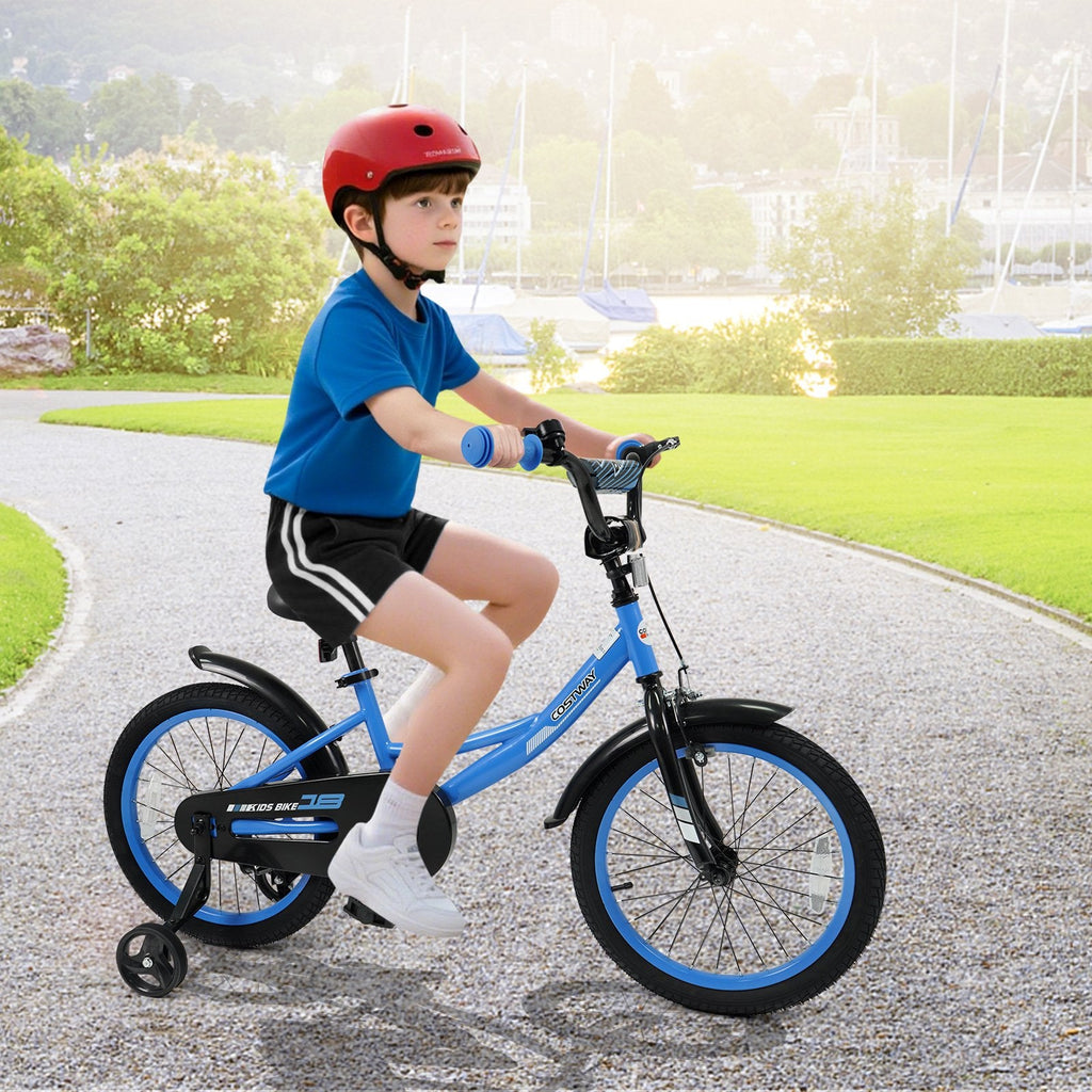 18 Inch Kids Bike with Removable Training Wheels and Adjustable Seat, Blue