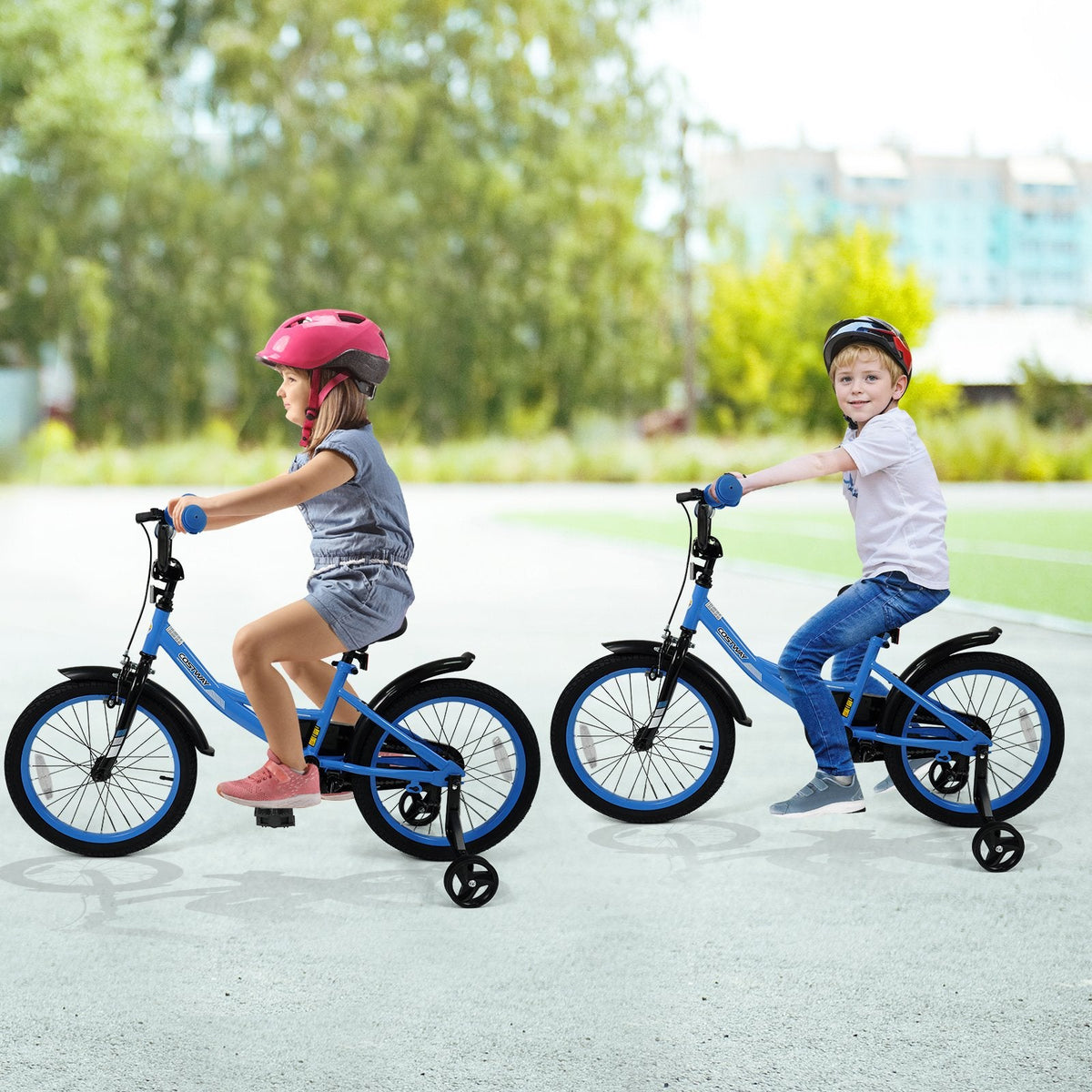18 Inch Kids Bike with Removable Training Wheels and Adjustable Seat, Blue