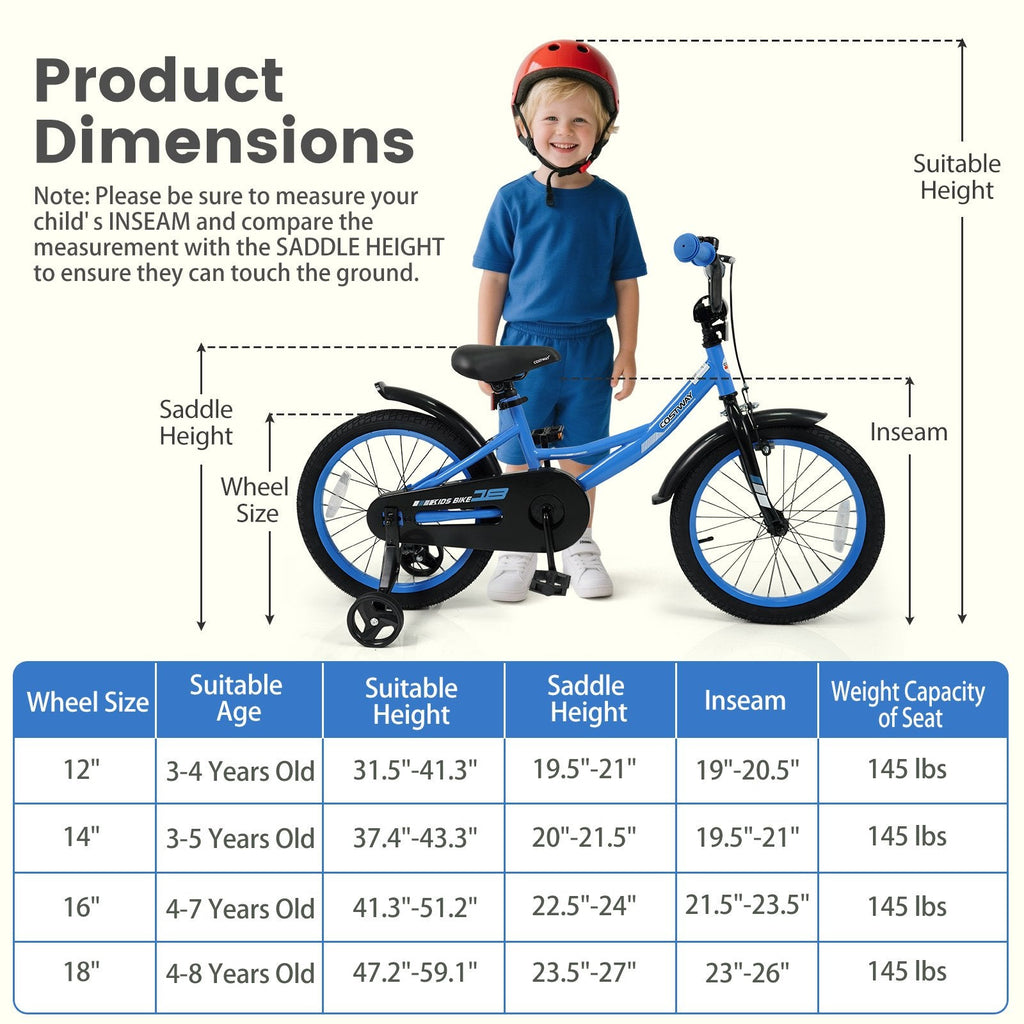 18 Inch Kids Bike with Removable Training Wheels and Adjustable Seat, Blue