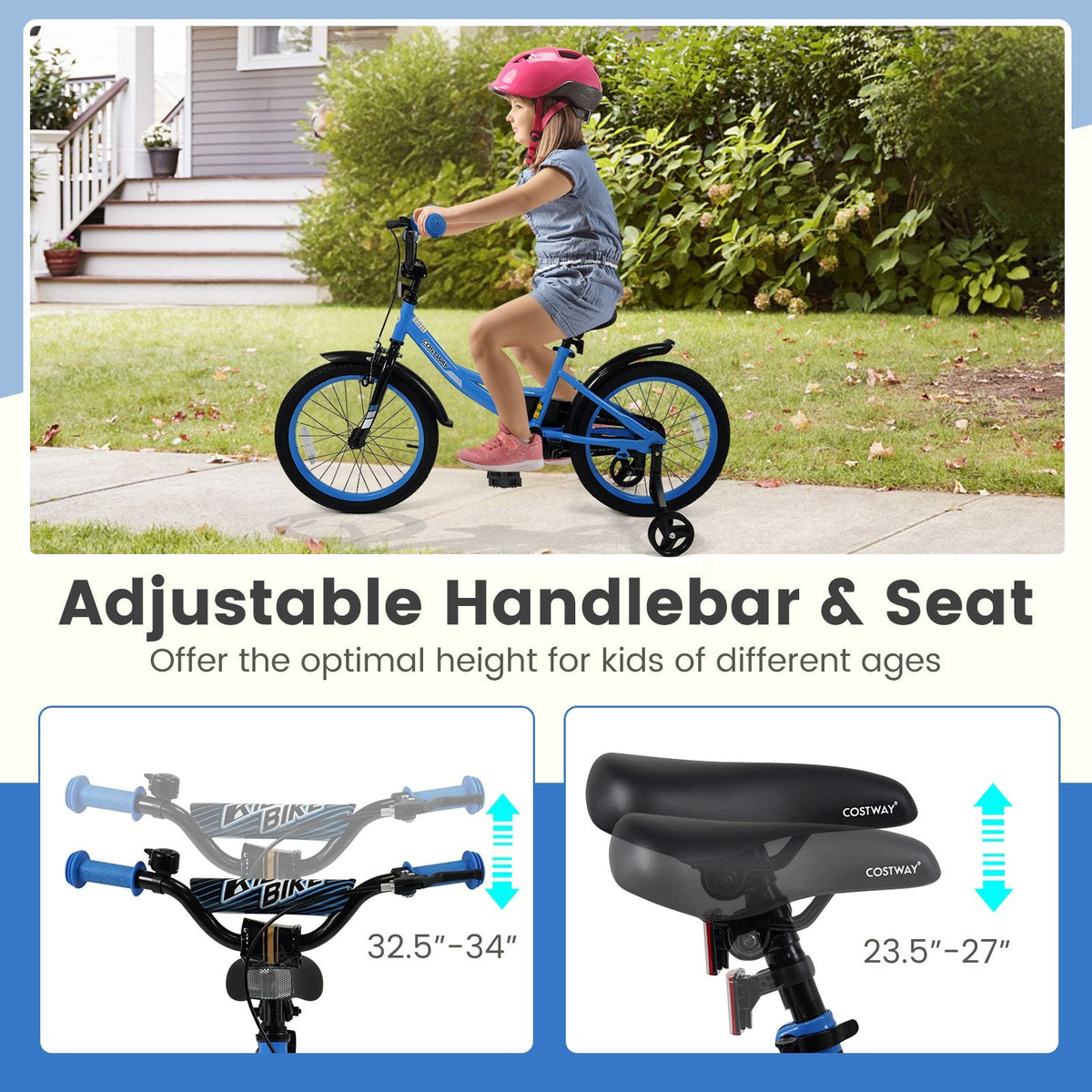 18 Inch Kids Bike with Removable Training Wheels and Adjustable Seat, Blue