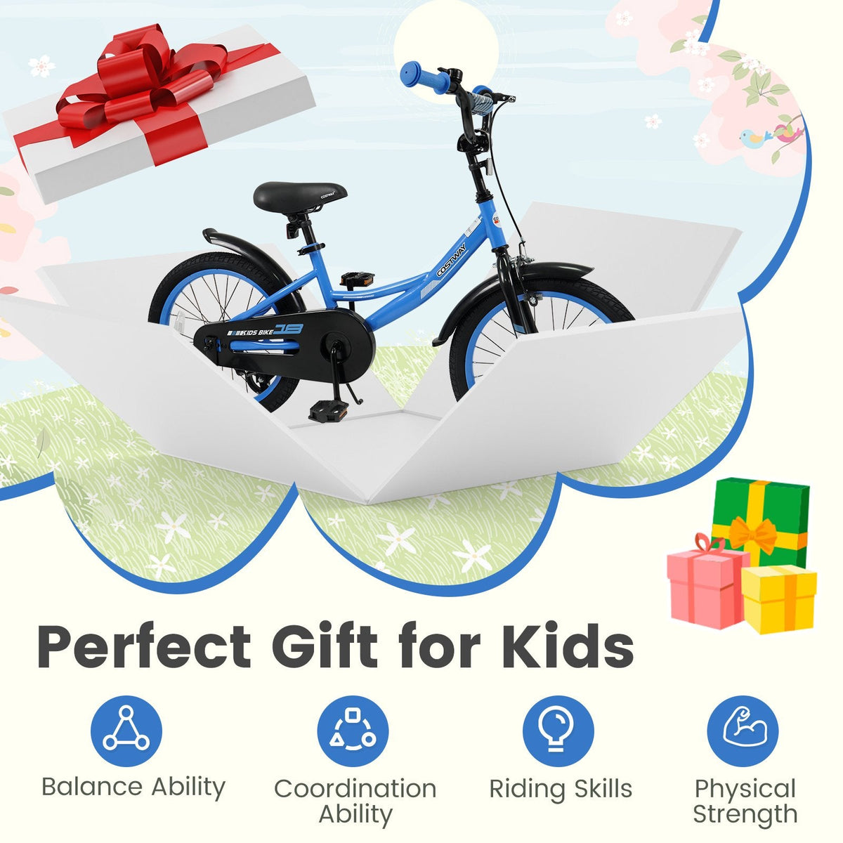 18 Inch Kids Bike with Removable Training Wheels and Adjustable Seat, Blue