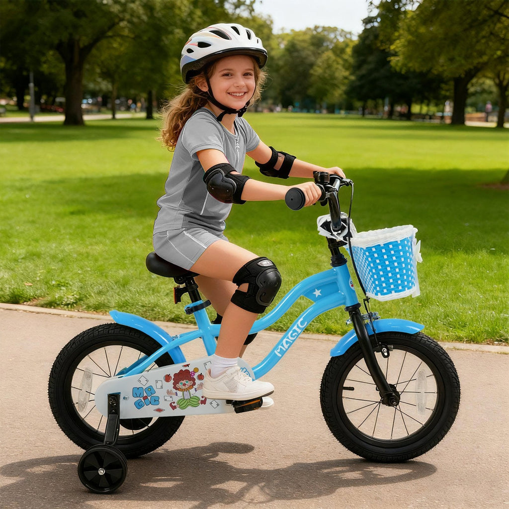 14 Inch Kids Bike with Training Wheels and Woven Basket, Blue