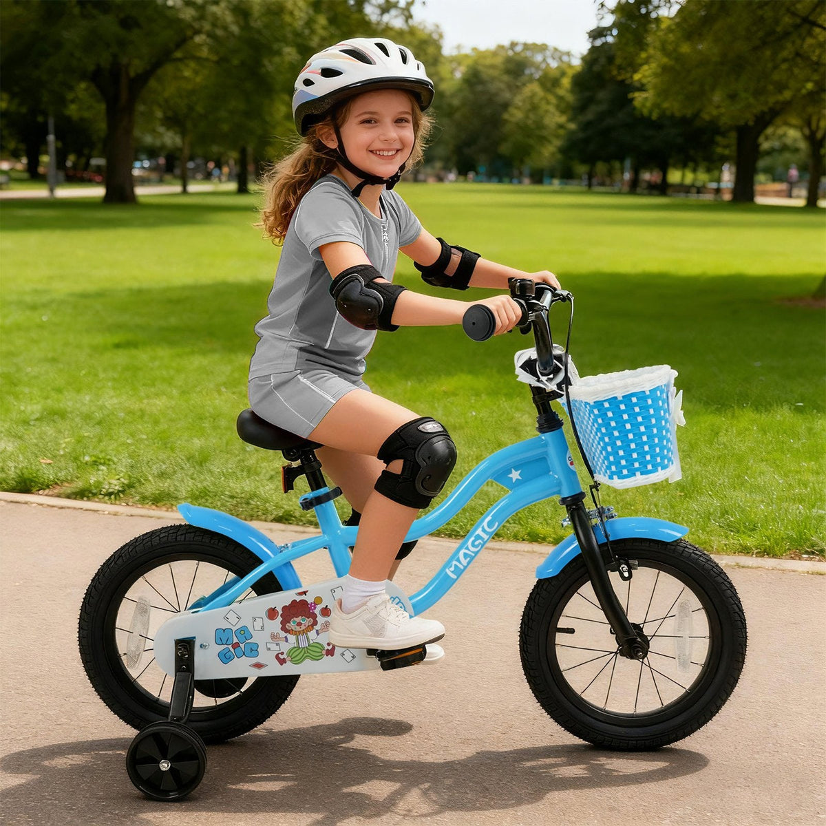 14 Inch Kids Bike with Training Wheels and Woven Basket, Blue