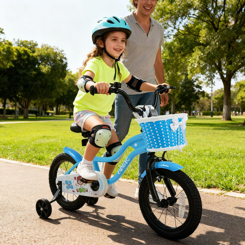 14 Inch Kids Bike with Training Wheels and Woven Basket, Blue