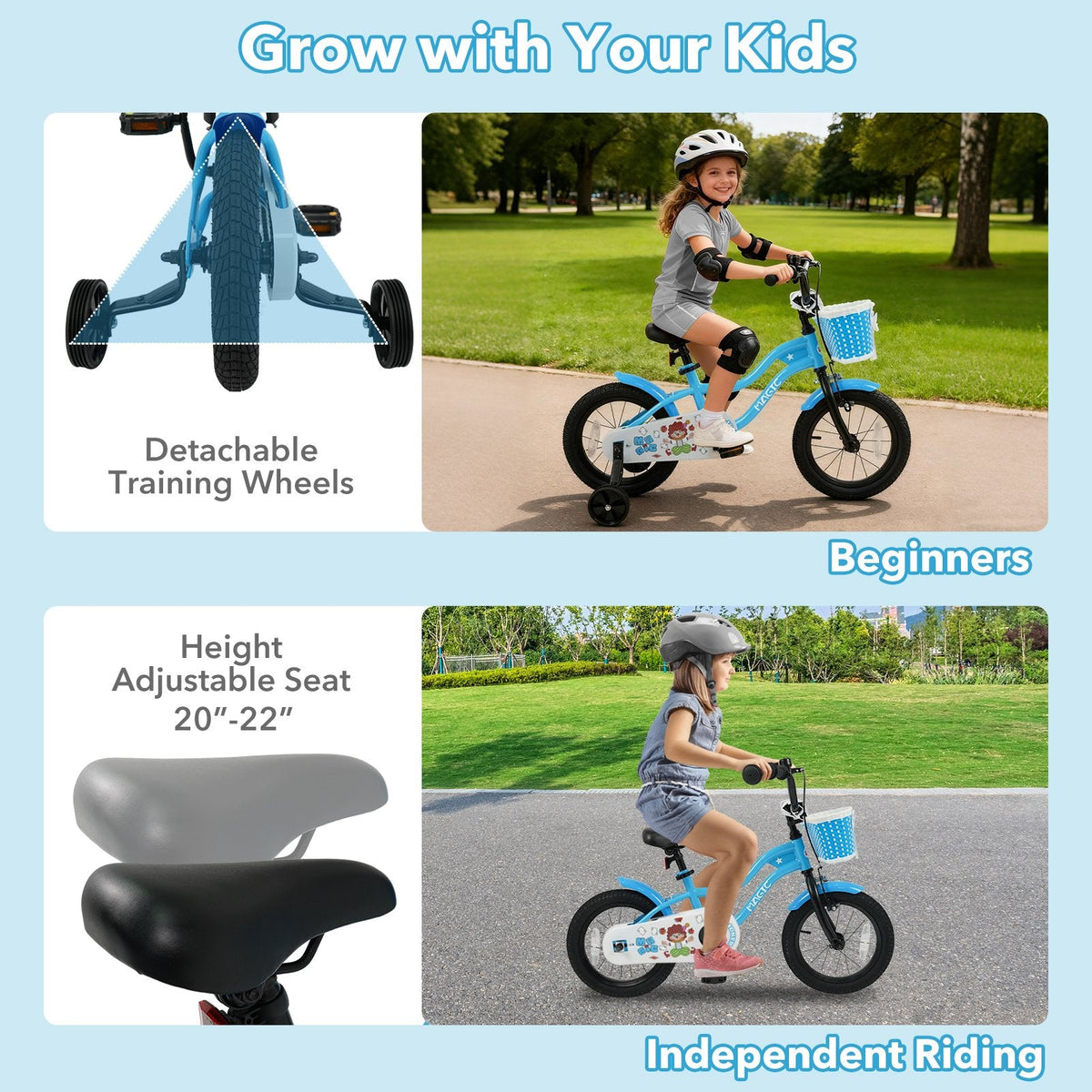 14 Inch Kids Bike with Training Wheels and Woven Basket, Blue