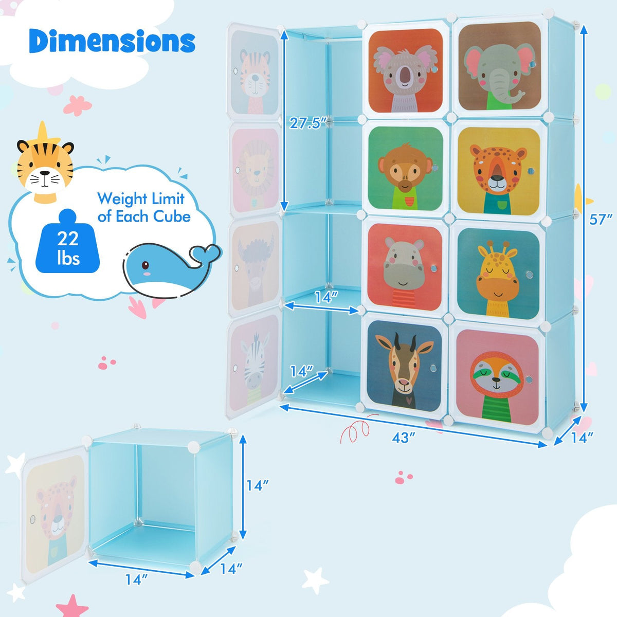 12 Cube Kids Wardrobe Closet with Hanging Section and Doors-Blue