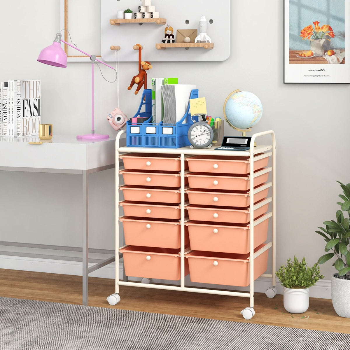 12-Drawer Rolling Storage Cart with Removable Drawers and Lockable Wheels-Peach