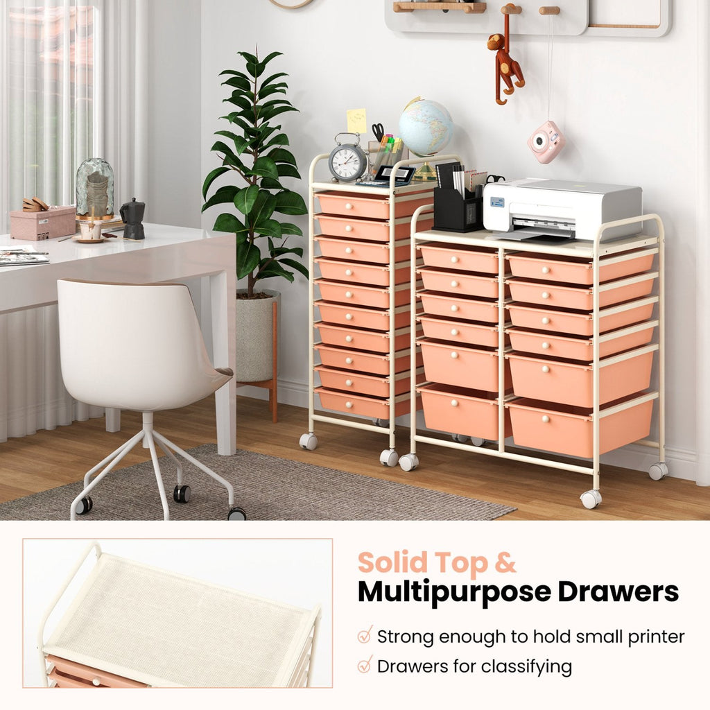12-Drawer Rolling Storage Cart with Removable Drawers and Lockable Wheels-Peach