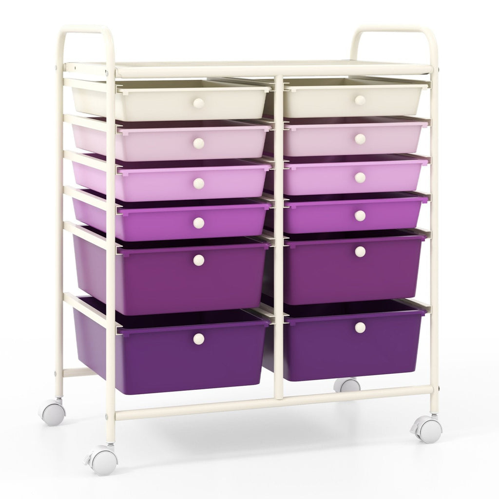 12-Drawer Rolling Storage Cart with Removable Drawers and Lockable Wheels-Purple