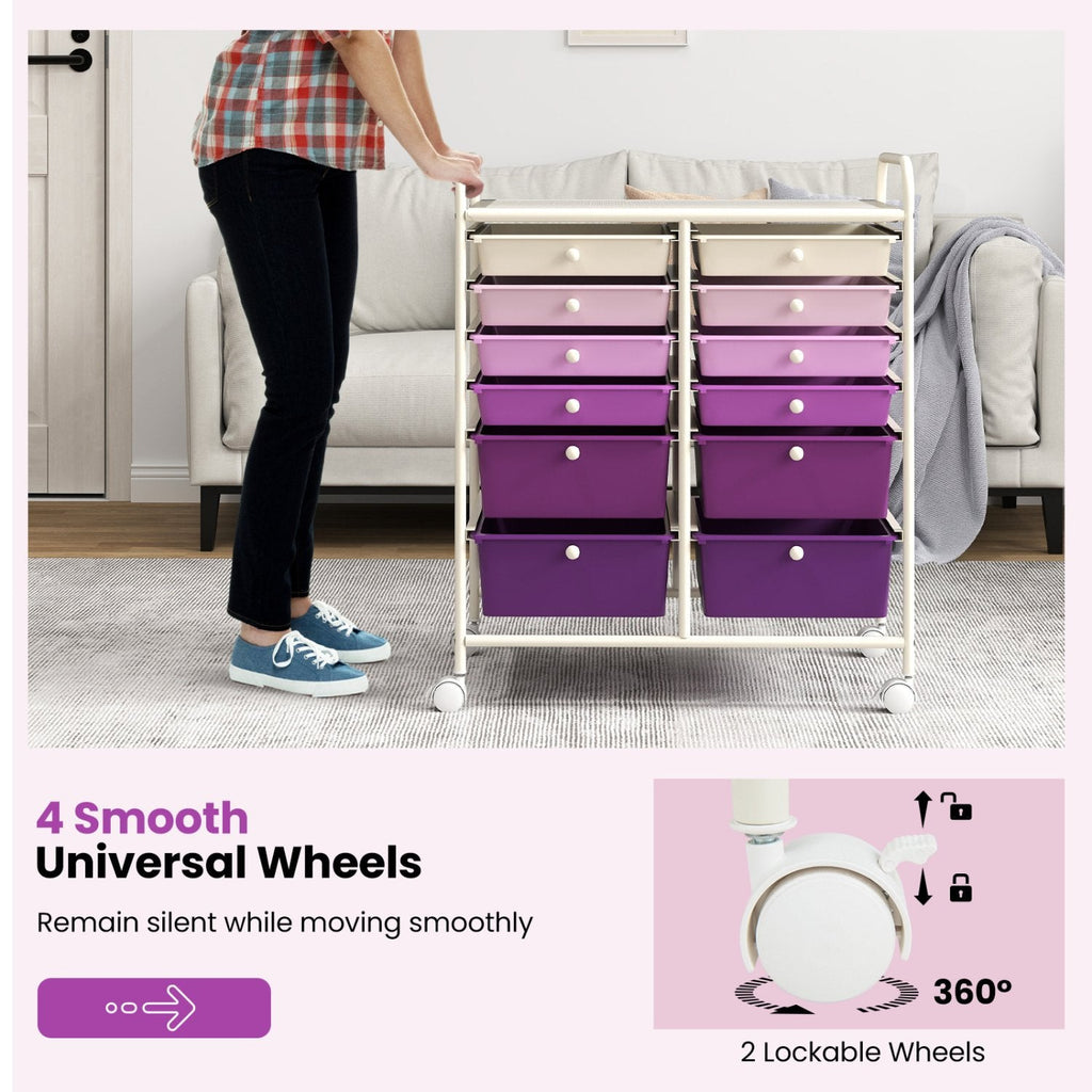 12-Drawer Rolling Storage Cart with Removable Drawers and Lockable Wheels-Purple