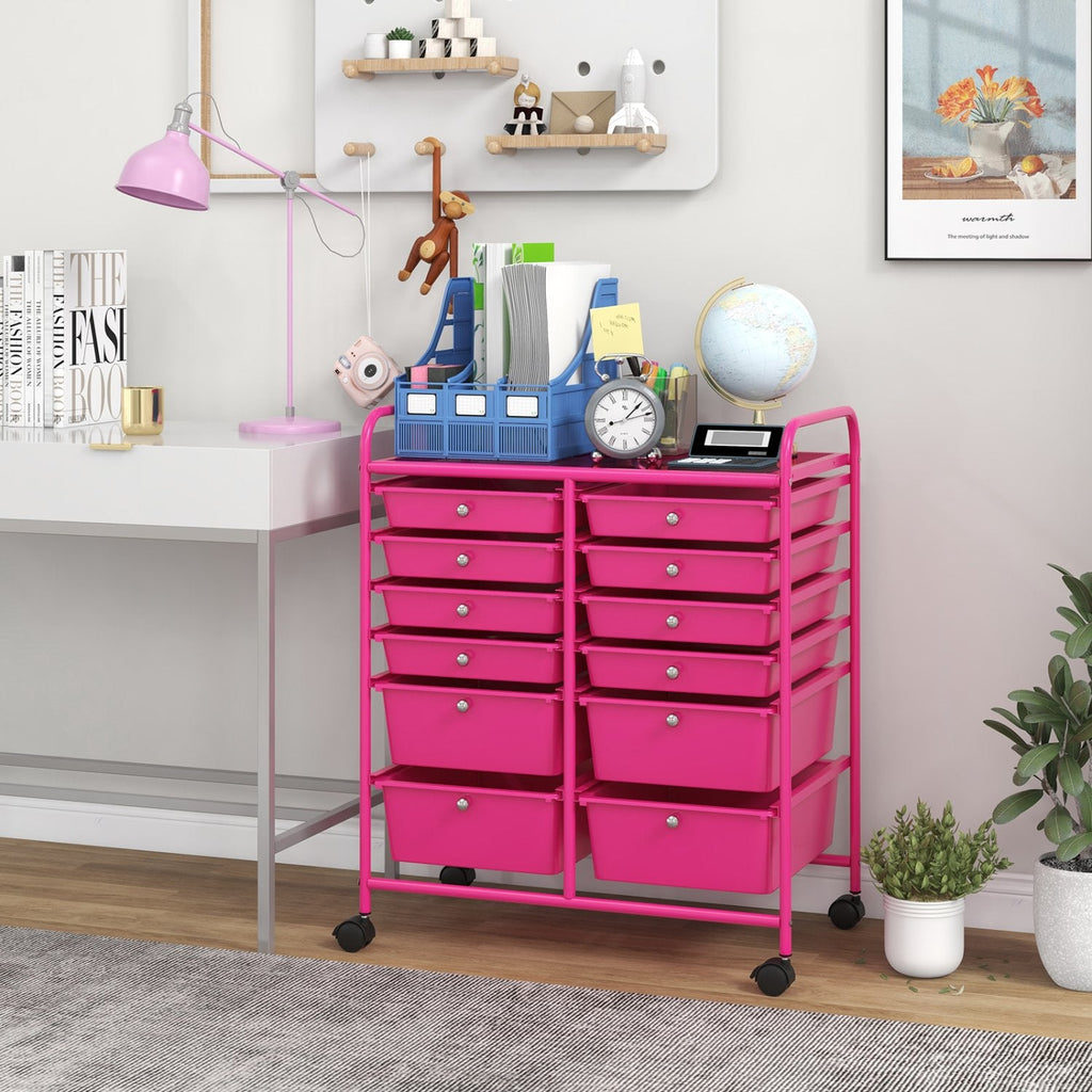 12-Drawer Rolling Storage Cart with Removable Drawers and Lockable Wheels-Rose Red