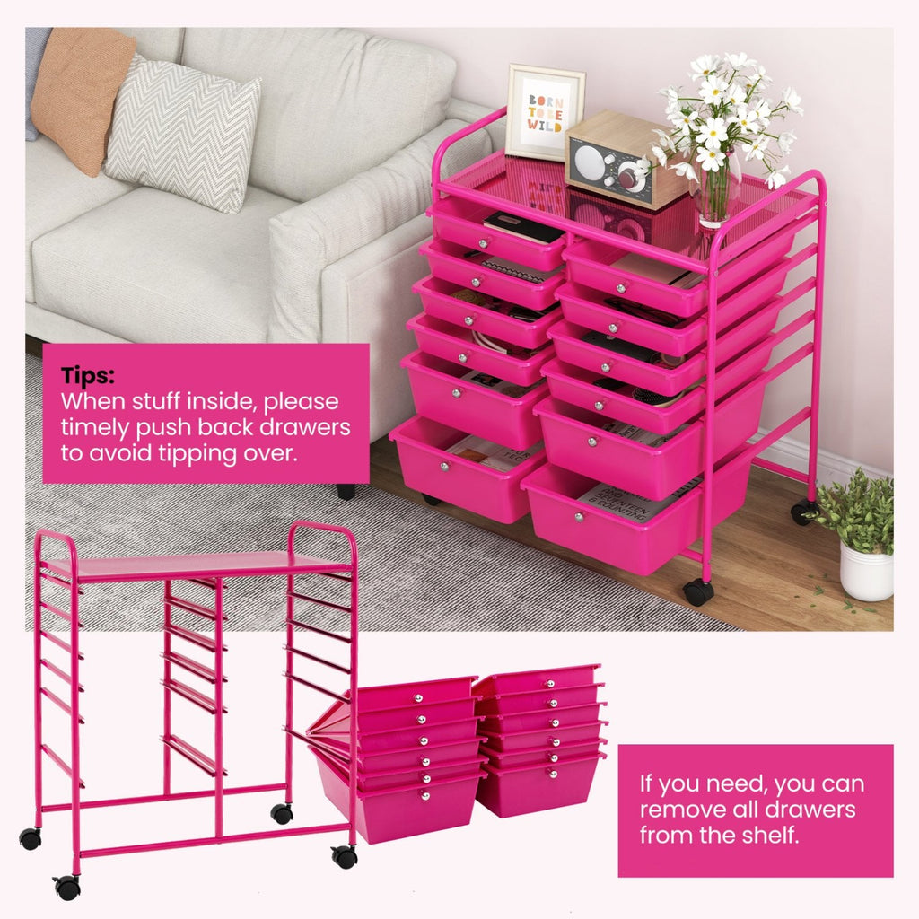 12-Drawer Rolling Storage Cart with Removable Drawers and Lockable Wheels-Rose Red