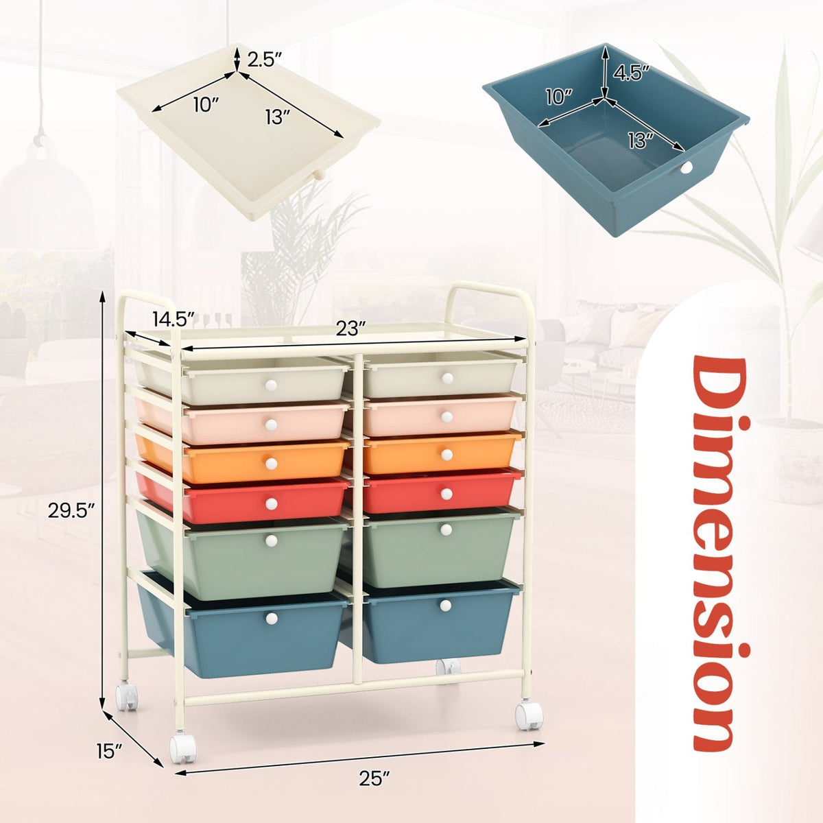 12 Drawers Rolling Cart Storage Scrapbook Paper Organizer Bins-Deep Multicolor
