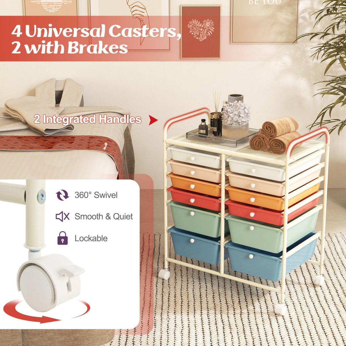 12 Drawers Rolling Cart Storage Scrapbook Paper Organizer Bins-Deep Multicolor